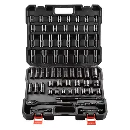 Drive Impact Socket Set 1-2' - 65PCS Deep & Standard Socket Set SAE 3-8' To 1-1-4' And Metric 10-24mm, 6 Point CR-V & Cr-Mo Alloy Steel For Auto Repair - Easy-to-Read Size Markings, Storage Case