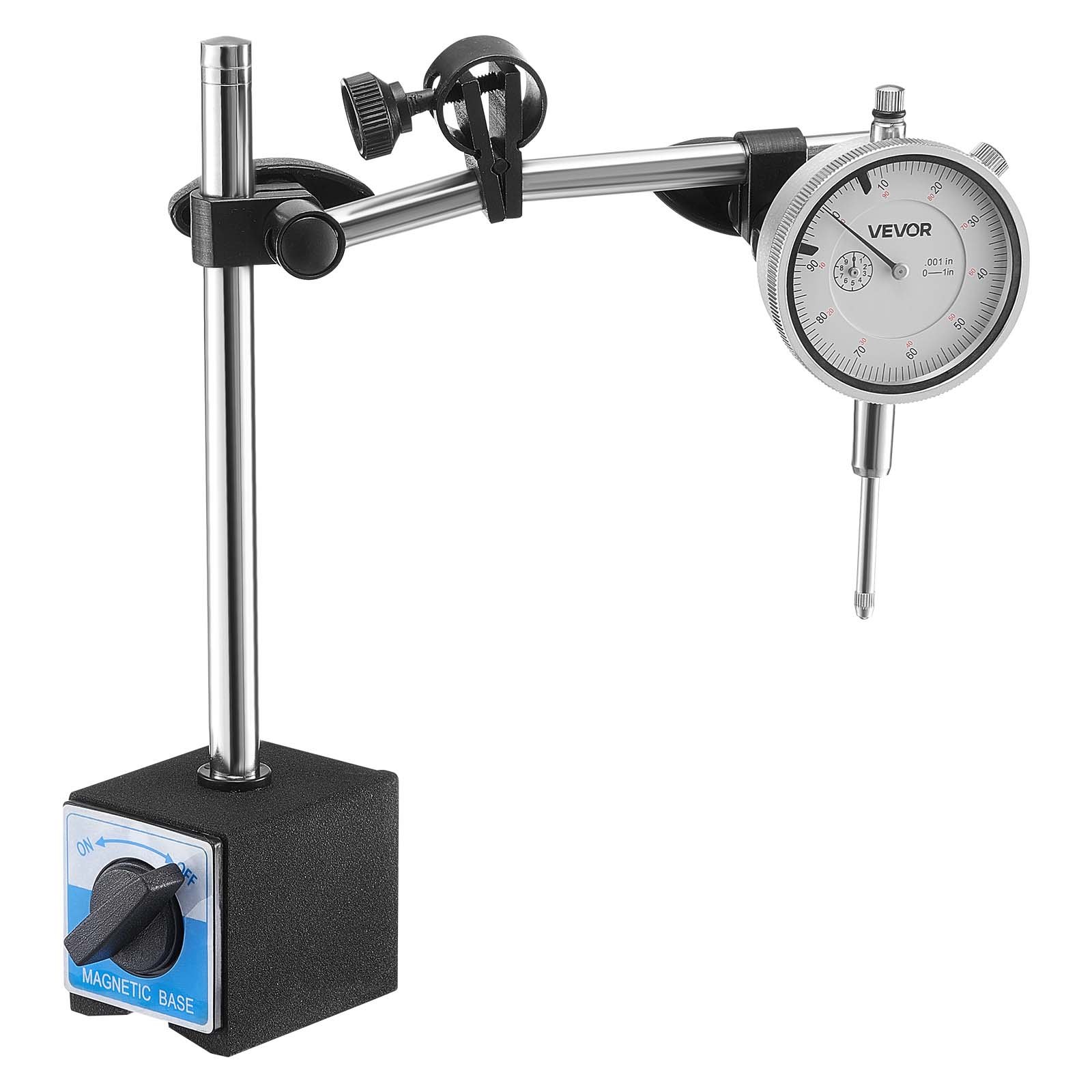 Dial Test Indicator With Dual Rod Stand And Storage Case, 0.001 Inch Accuracy, 0-1 Inch Range, Fine Adjustable Long Arm, Non-Magnetic Centering Rods For Machine Set-Up, Narrow Area Measurement