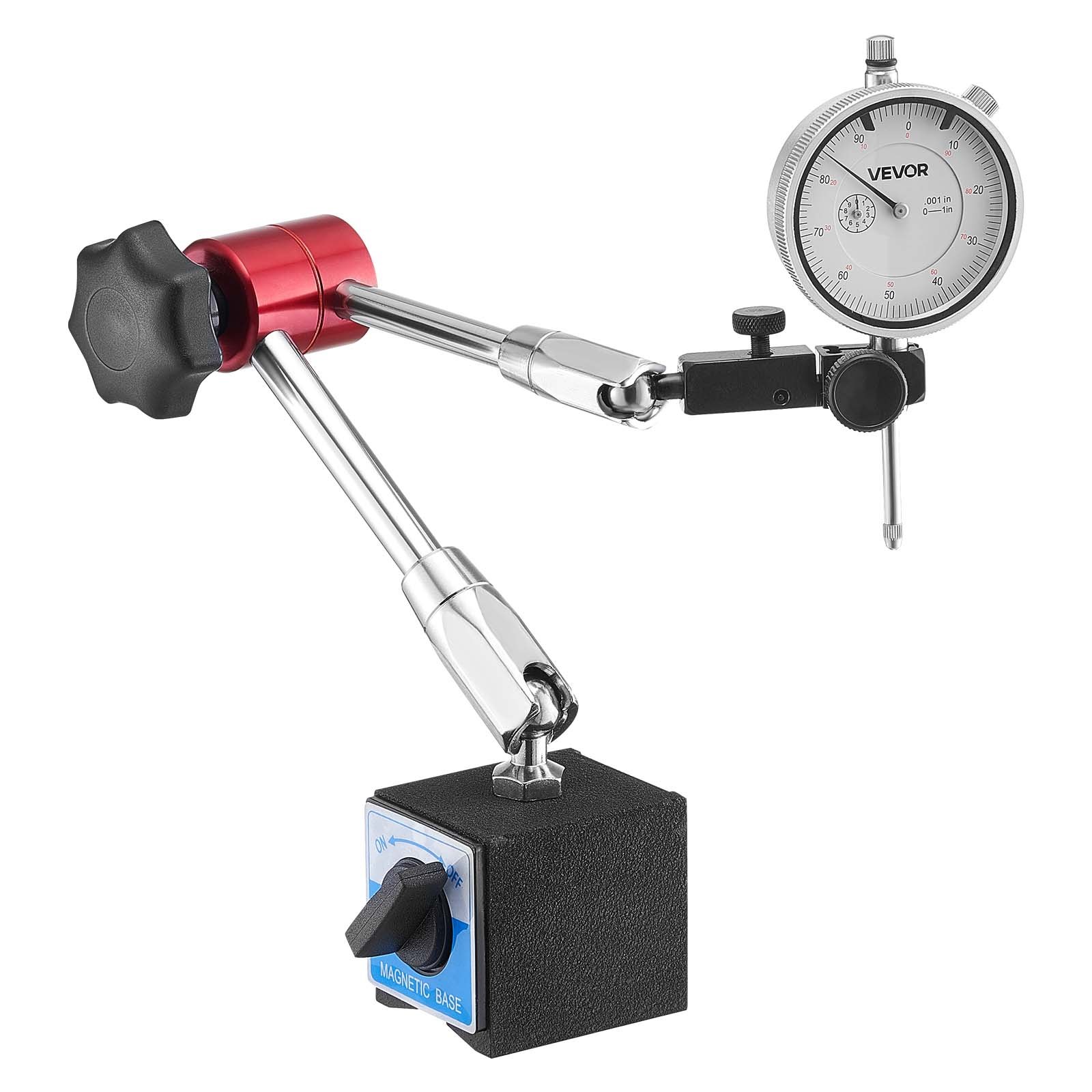 Dial Test Indicator With Magnetic Flexible Base Stand, 0.001 Inch Accuracy, 0-1 Inch Range, Fine Adjustable Long Arm, Professional For Machine Set-Up, Narrow Area Measurement, Easy To Read