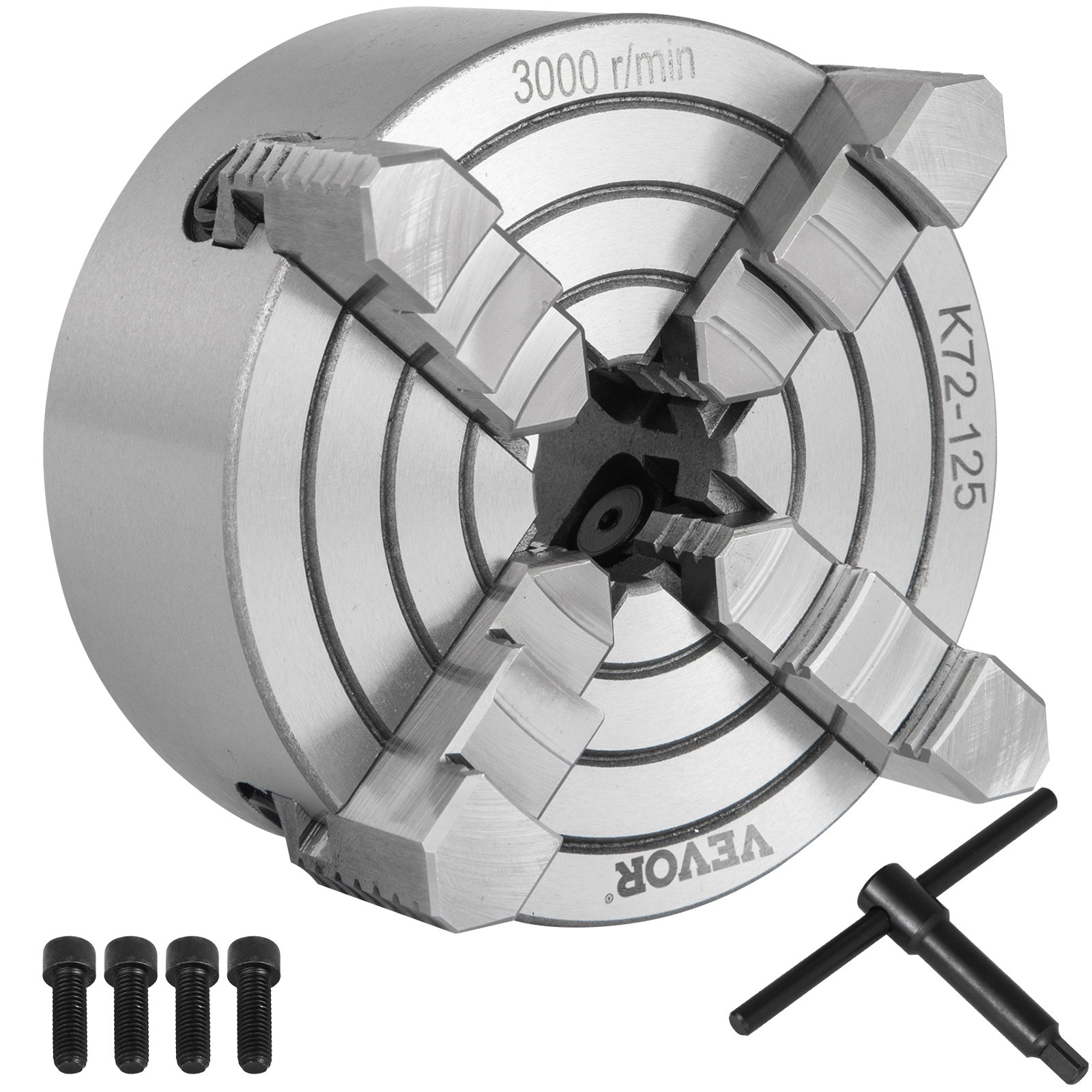 K72-125 Lathe Chuck, 5 Inch, 4-Jaw, Independent Metal Lathe Chuck With Reversible Jaw, Cast Iron Body, 0.276 -2.244 In Internal 1.89 -4.92 In External Jaw Clamping Range, For Lathes Machine