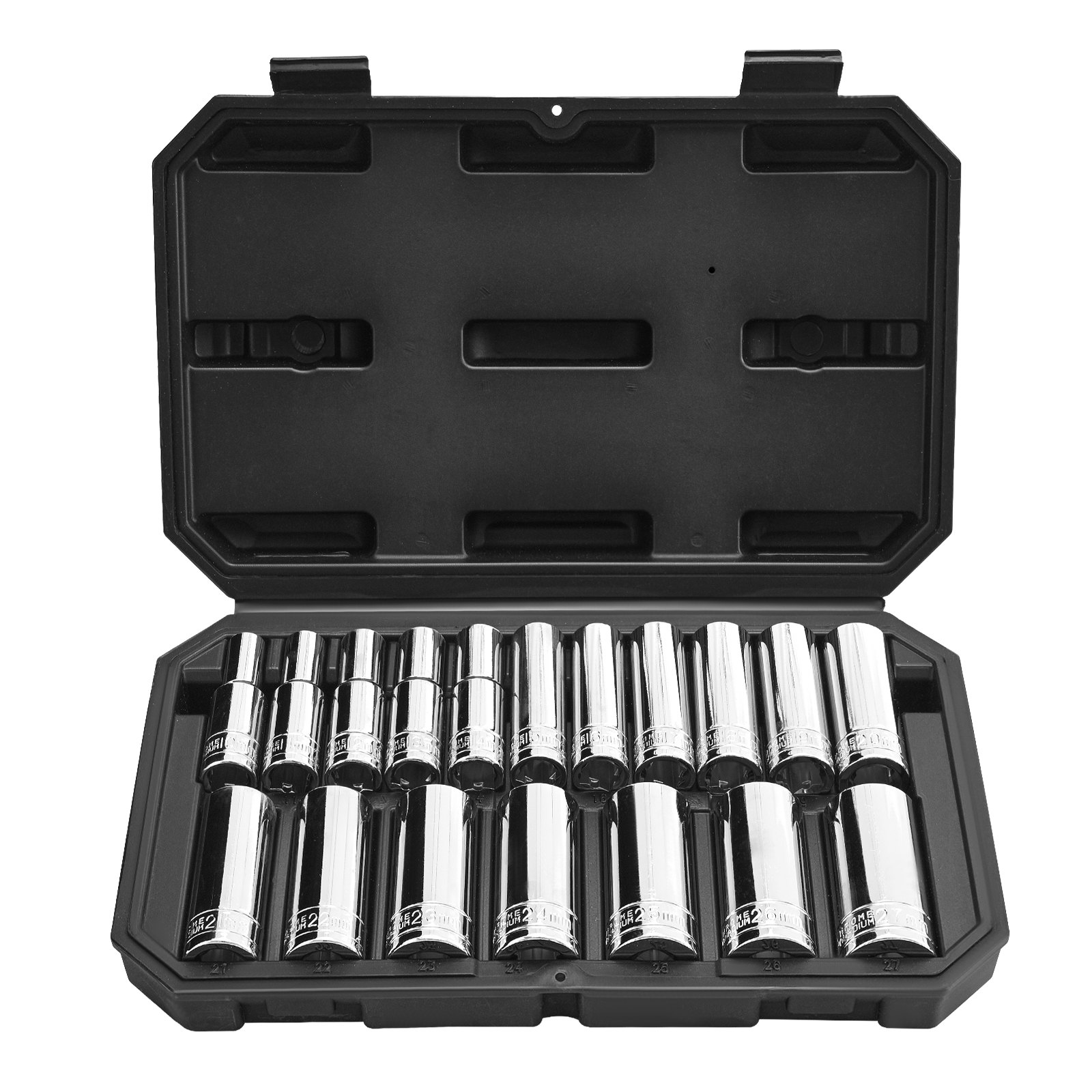 Socket Set, 18 Pieces, 1/2 Inch Drive Socket Tool Set, Metric Size From 10 To 27 Mm, Mechanic Tool Kit With Storage Case, Clear Markings, Chrome Plated CR-V Alloy Steel, For Automotive Repair