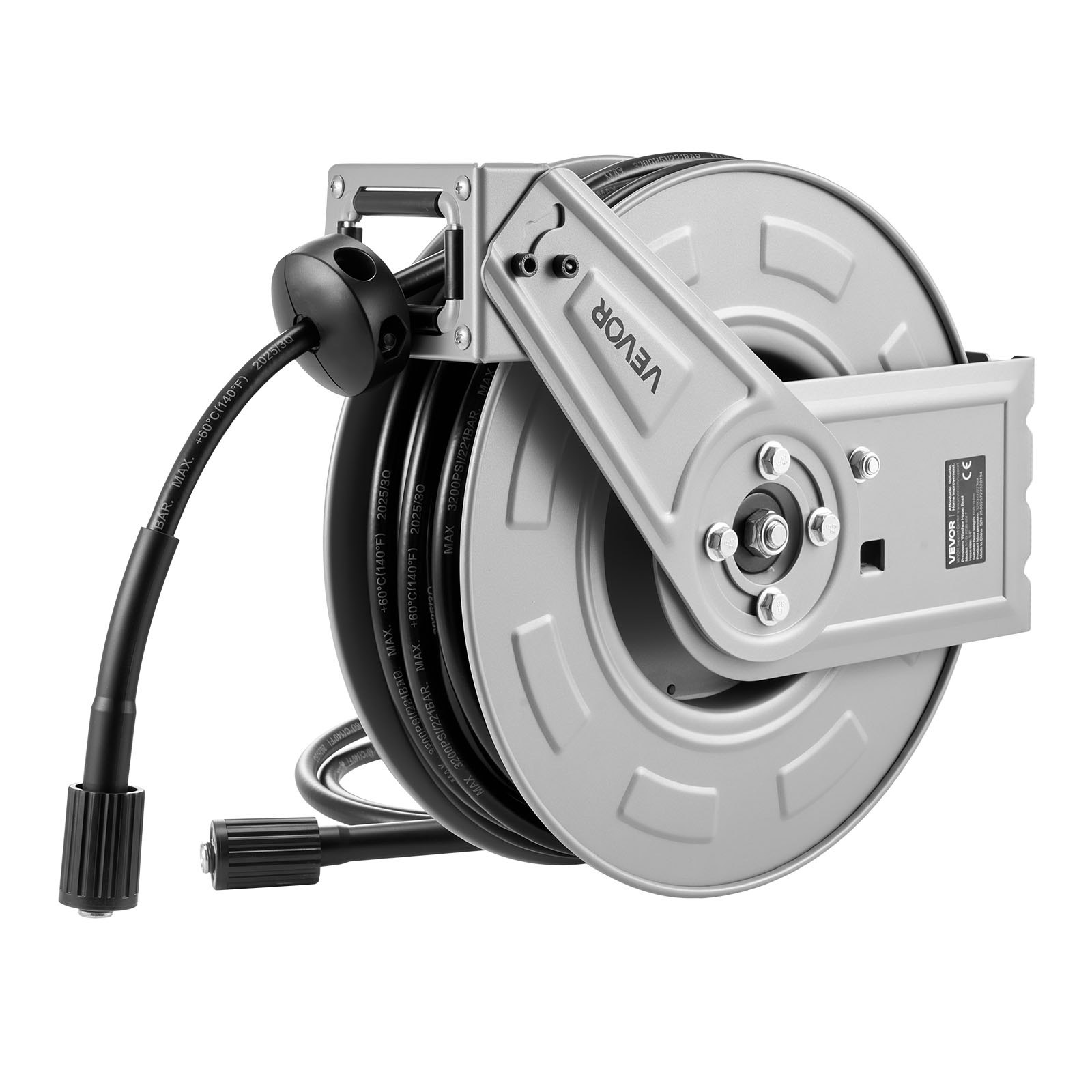Pressure Washer Hose Reel, 65 Ft X 1/4 Inch Retractable Power Heavy-Duty Steel Washer Hose Reel, 3200PSI Max, Auto-Rewinding, Flexible Wall/Floor Mounted For Car Washing,Garden,Floor Cleaning