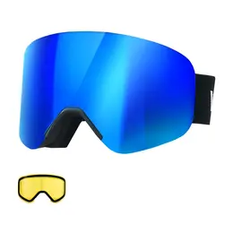 Frameless Ski Goggles, Magnet Cylindrical Lens With Dark Blue Revo Coating, OTG Anti Fog Snow Goggles For Men Women, TPU Frame & Ventilation Structure, Fit For Skiing, Skating, Snowboarding