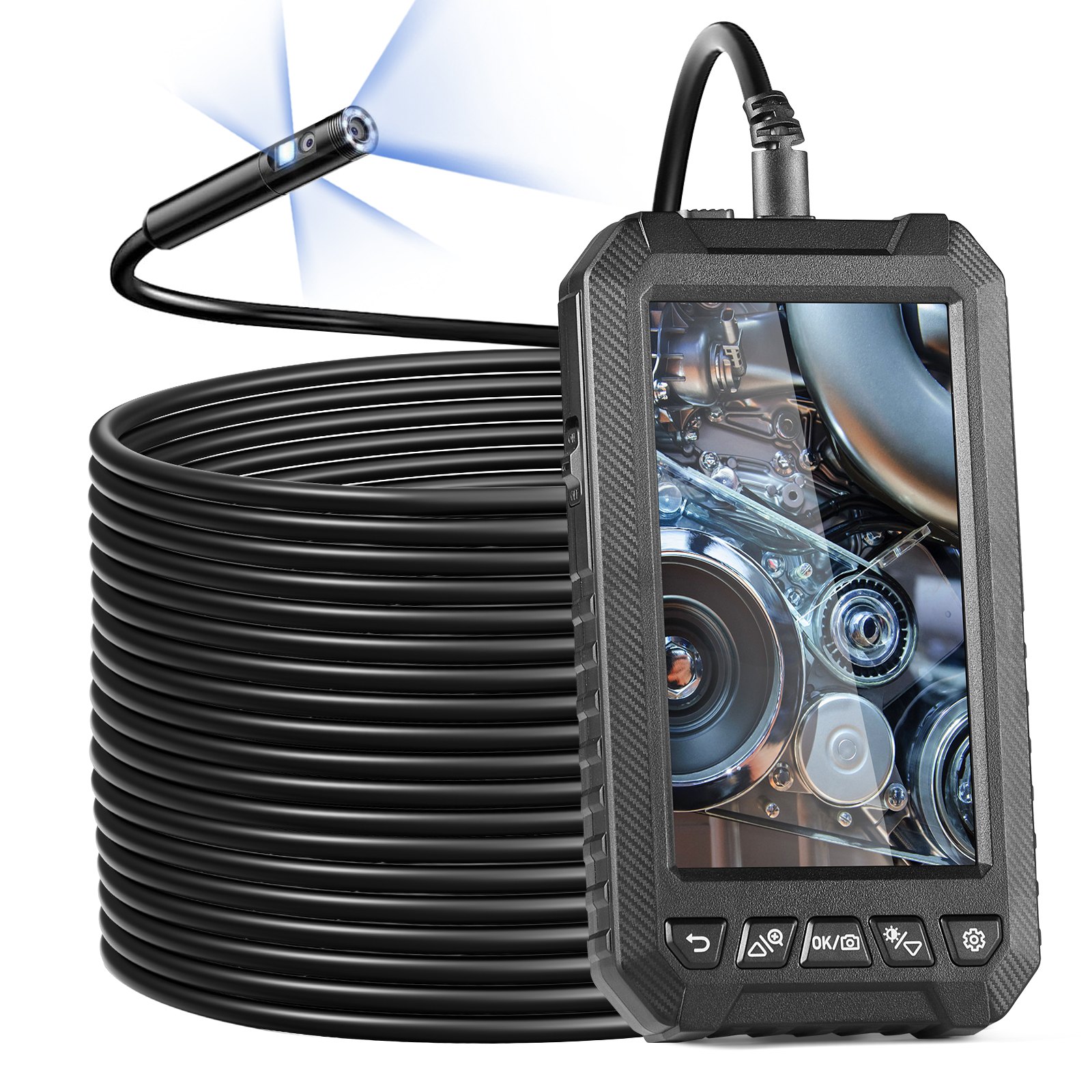 Endoscope Camera With Light, Triple Lens Borescope With 49.2FT Semi-Rigid Cable, 5" Screen 1080P Inspection Camera, 8 + 2 LED Lights, IP67 Waterproof Snake Camera For Auto, Plumbing (32GB Card)