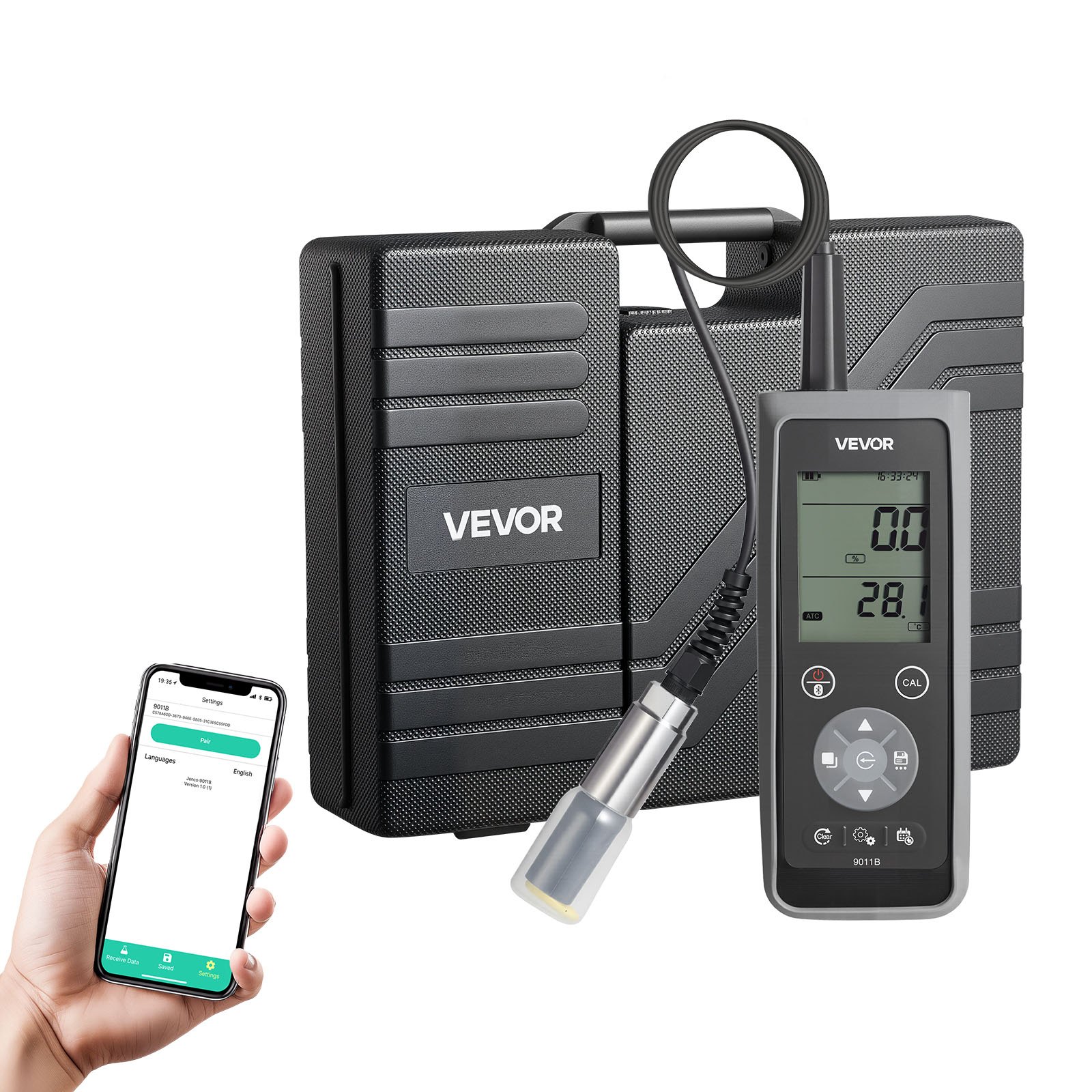 Dissolved Oxygen Meter, 0.0-50.0 mg/L, 13.1 ft Electrode Cable, Bluetooth/USB