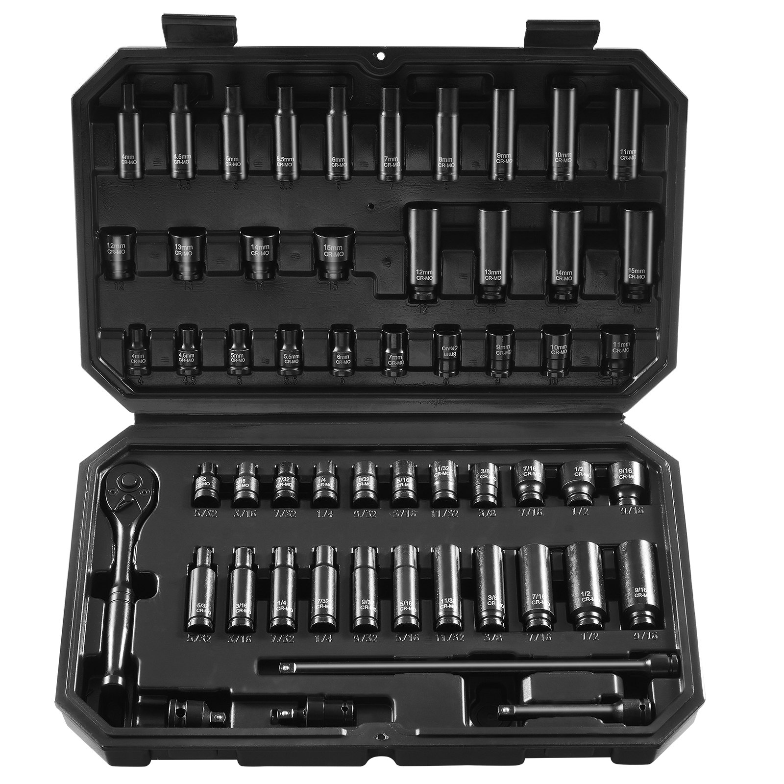 Drive Impact Socket Set 1/4"  - 55 Piece Deep & Shallow Socket Set SAE 5/32"-9/16" And Metric 4-15mm - 6 Point CR-V Alloy Steel For Auto Repair - Easy-to-Read Size Markings - Storage Case