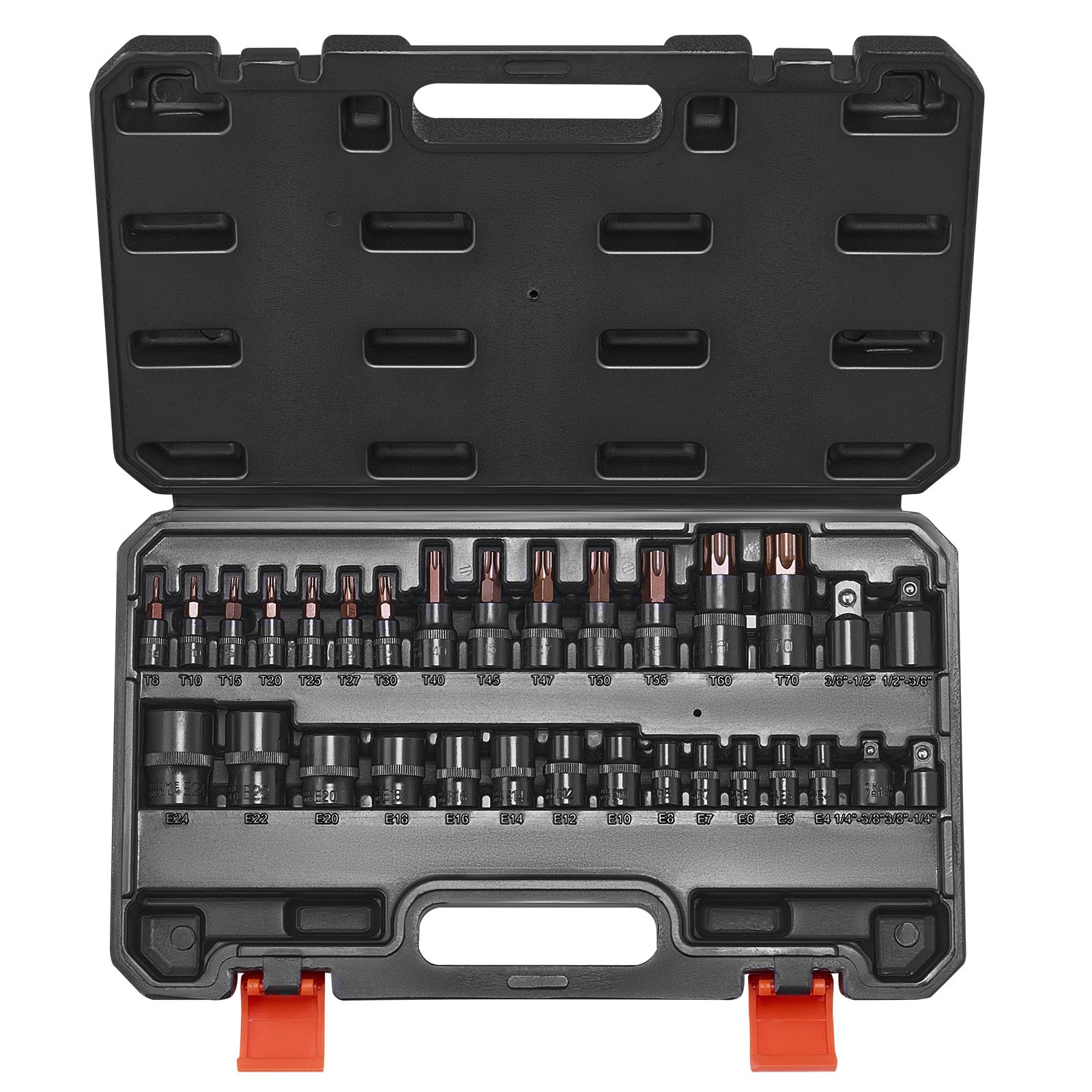 Torx Bit Socket And External Torx Socket Set, 31-Piece T8-T70 And E4-E24, S2 Alloy Steel And Cr-V Steel, 1/4 In, 3/8 In, And 1/2 In Drives, With Adapter And Enhanced Storage Case, For Automotive