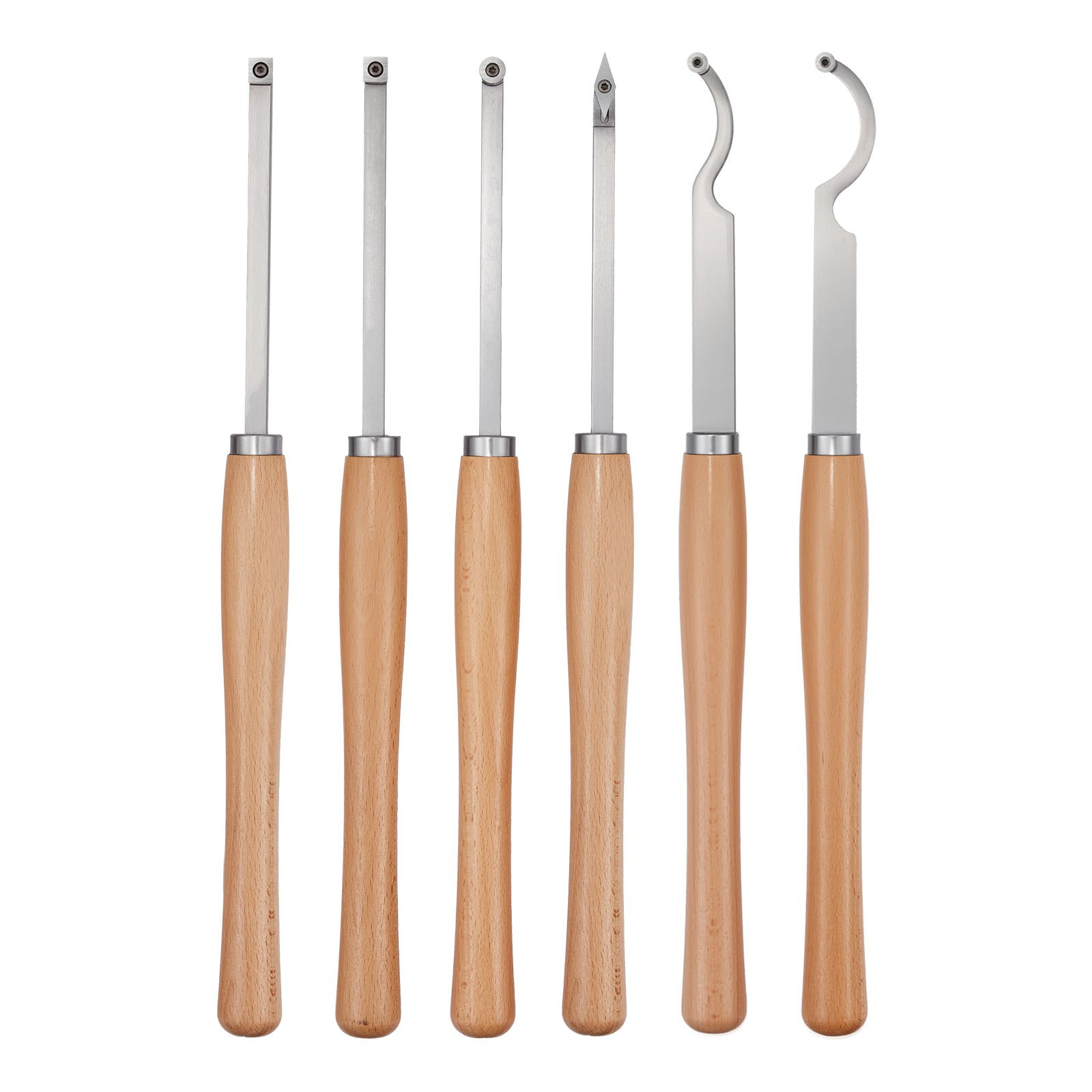 Wood Lathe Turning Tool Set, 6PCS, Lathe Roughing, Finishing, Detailing Hollow Tool With Wooden Handle, Diamond Round Square Carbide Inserts, Wooden Box, For Beginners, Hobbyists, Professionals
