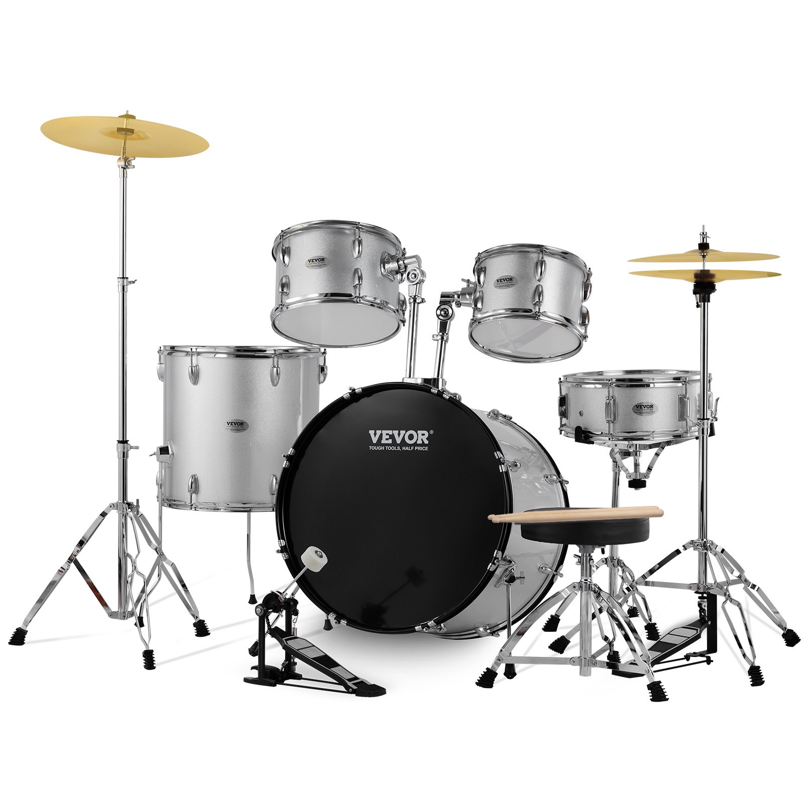 Schlagzeug, 5-teilig, Drum In Voller Größe Mit Bass-/Tom-Drums, Snare, Standtrommel, Verstellbaren Thronständern, Becken, Hi-Hat-Pedal Und Drumsticks, Anfänger-Schlagzeug, Silber