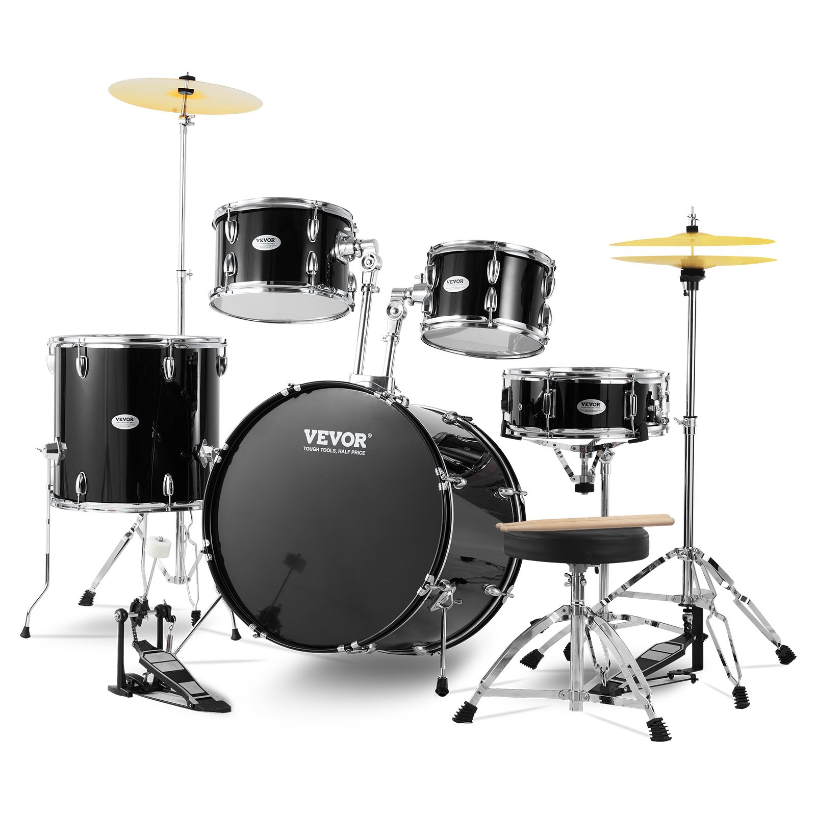 Schlagzeug, 5-teilig, Drum In Voller Größe Mit Bass-Toms, Snare, Standtrommel, Verstellbaren Thronständern, Becken, Hi-Hat-Pedal Und Drumsticks, Anfänger-Schlagzeug Für Erwachsene, Schwarz