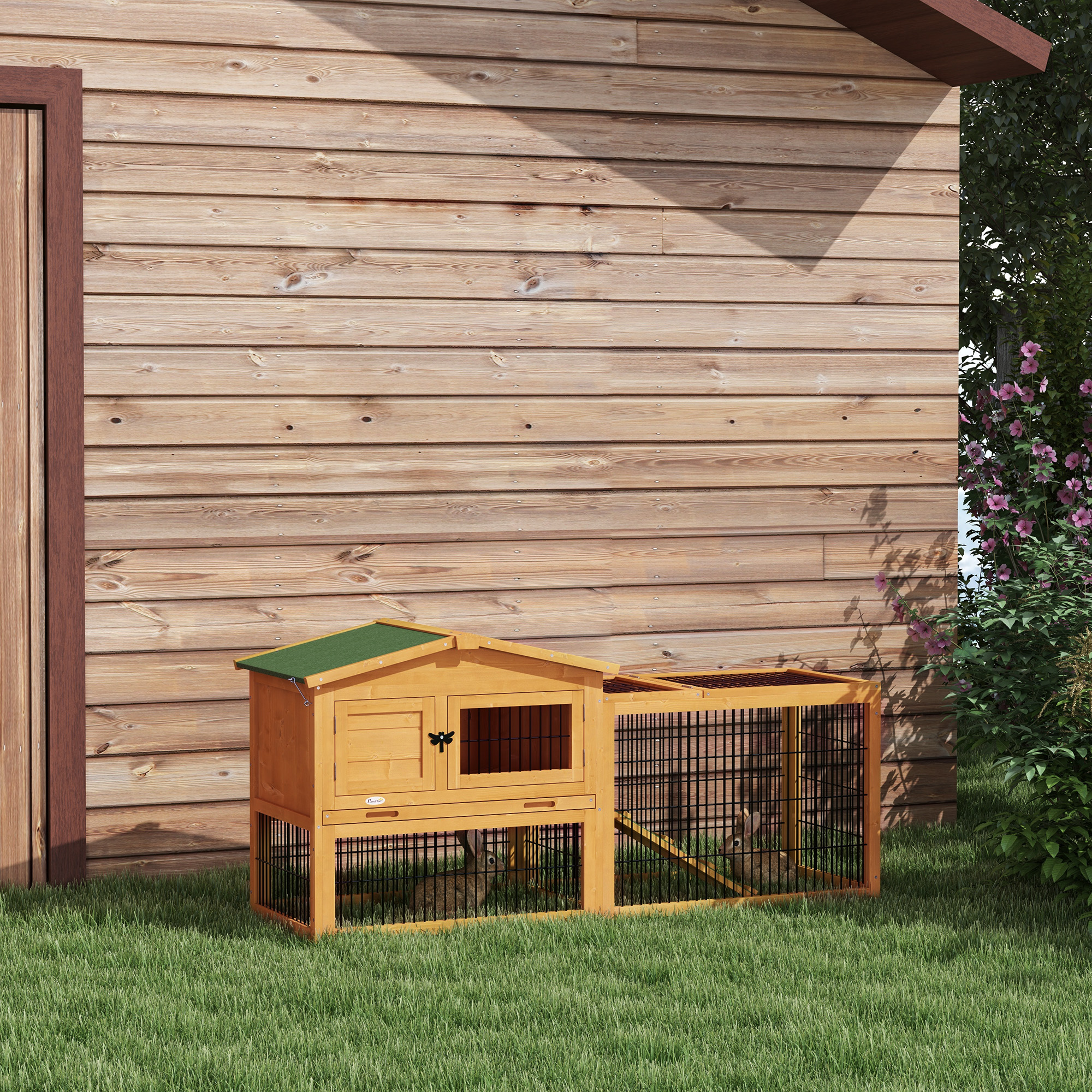 2 Level 59" Outdoor Rabbit Hutch With Openable Top, Yellow