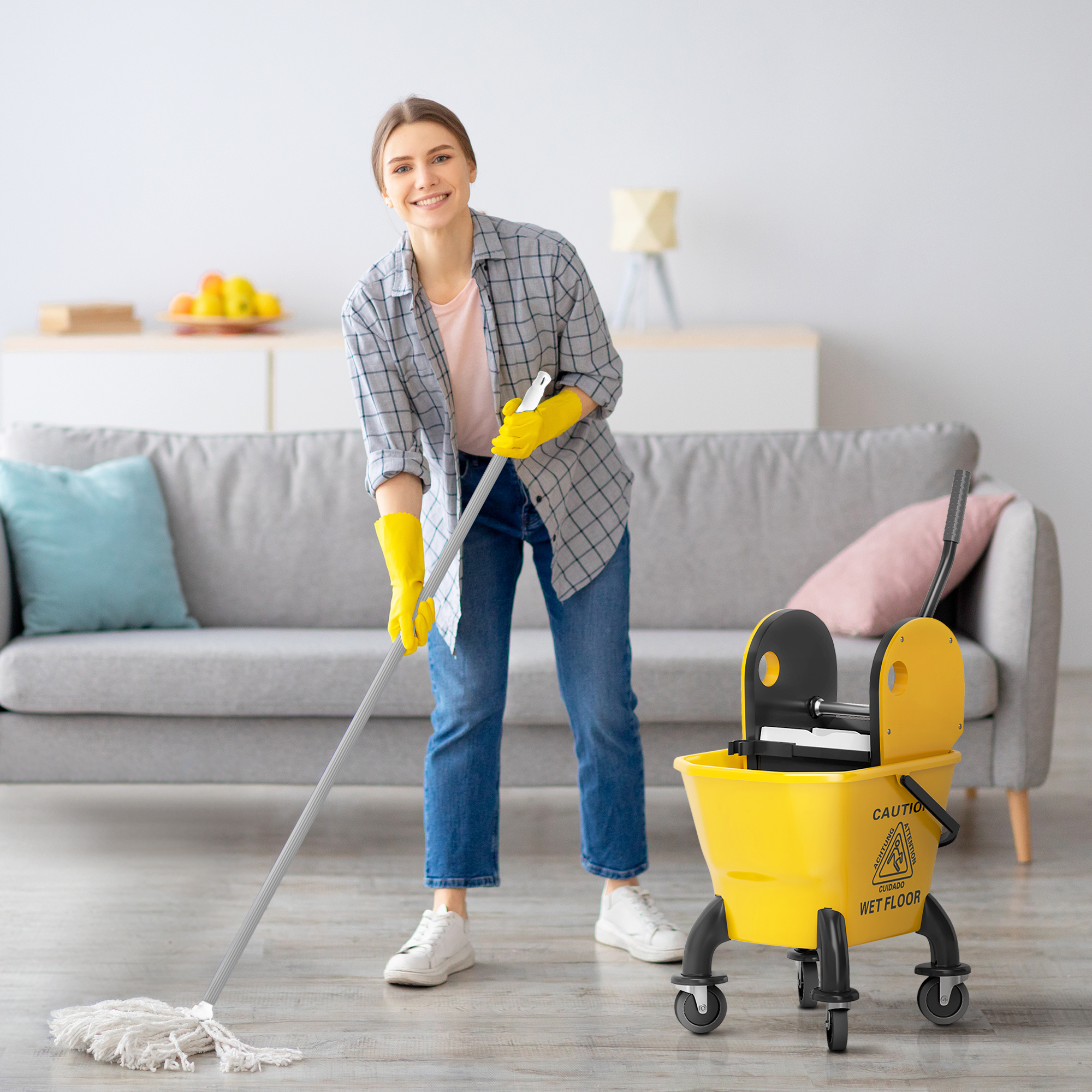 Mop Bucket With Wringer On Wheels For Floor Cleaning, 27.5 Quart Down Press Wringer With Handle And Mop, Yellow
