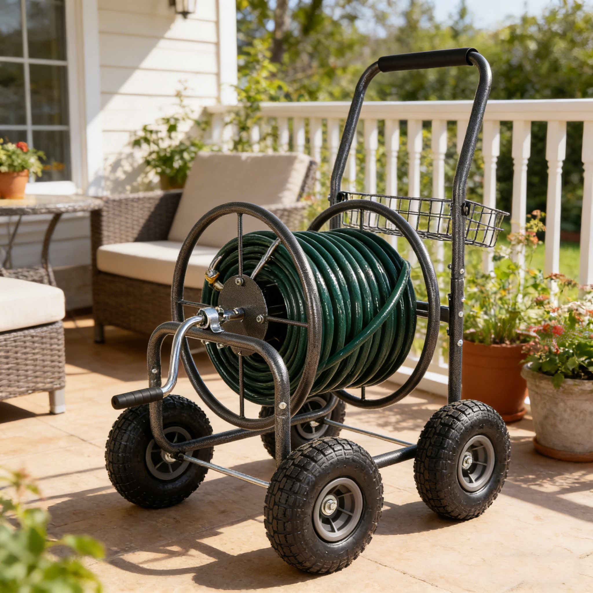 Main product image of 4-Wheel Garden Hose Reel Cart with Storage Basket