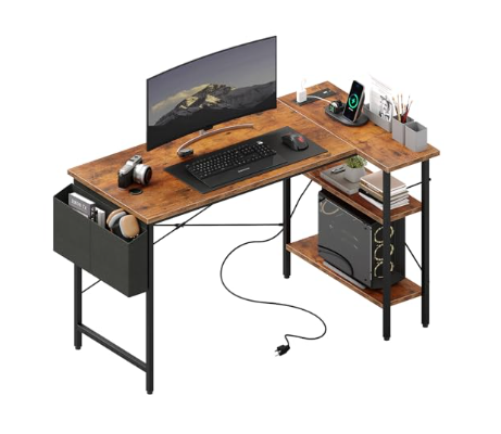 L-shaped Computer Desk With Power Socket And LED Light, Corner Game Table With Storage Rack And Monitor Stand