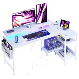 Game Table, With USB Charging Port, Power Socket, Type-C Interface And LED Lights, Computer Table Equipped With Storage Rack And Monitor Stand