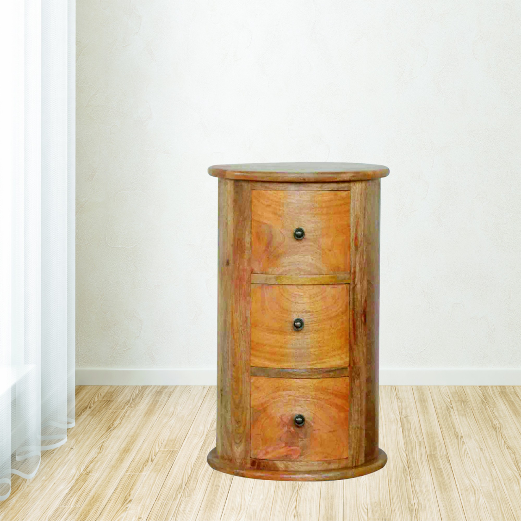 Solid Wood Drum Chest, 3 Drawers, Brown