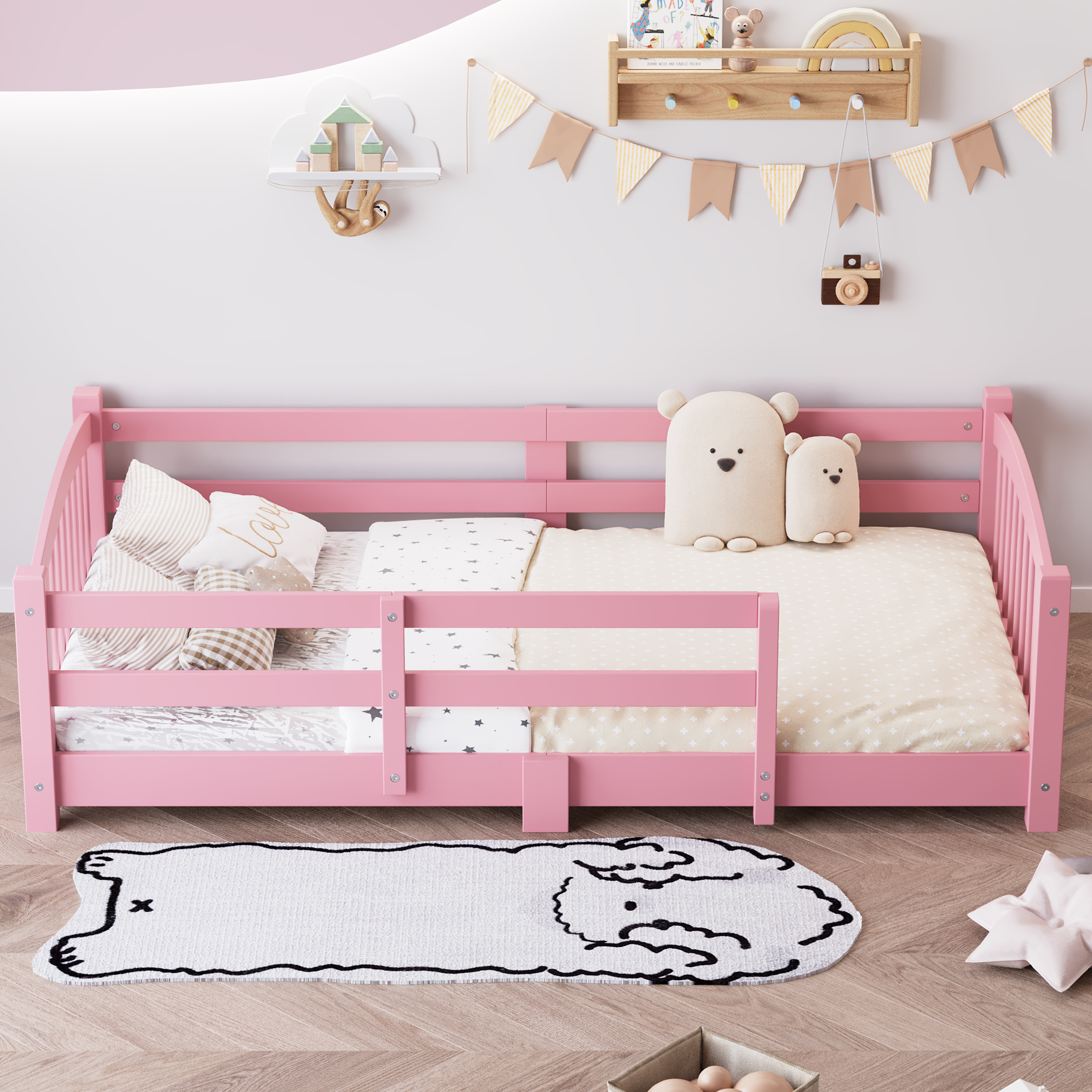 Main product image of Twin Montessori Floor Bed With Slats And Safety Guardrails, Solid Wood Floor Bed With Fence And Without Door, Easy Assemble Montessori Bed For Girls And Boys, Pink