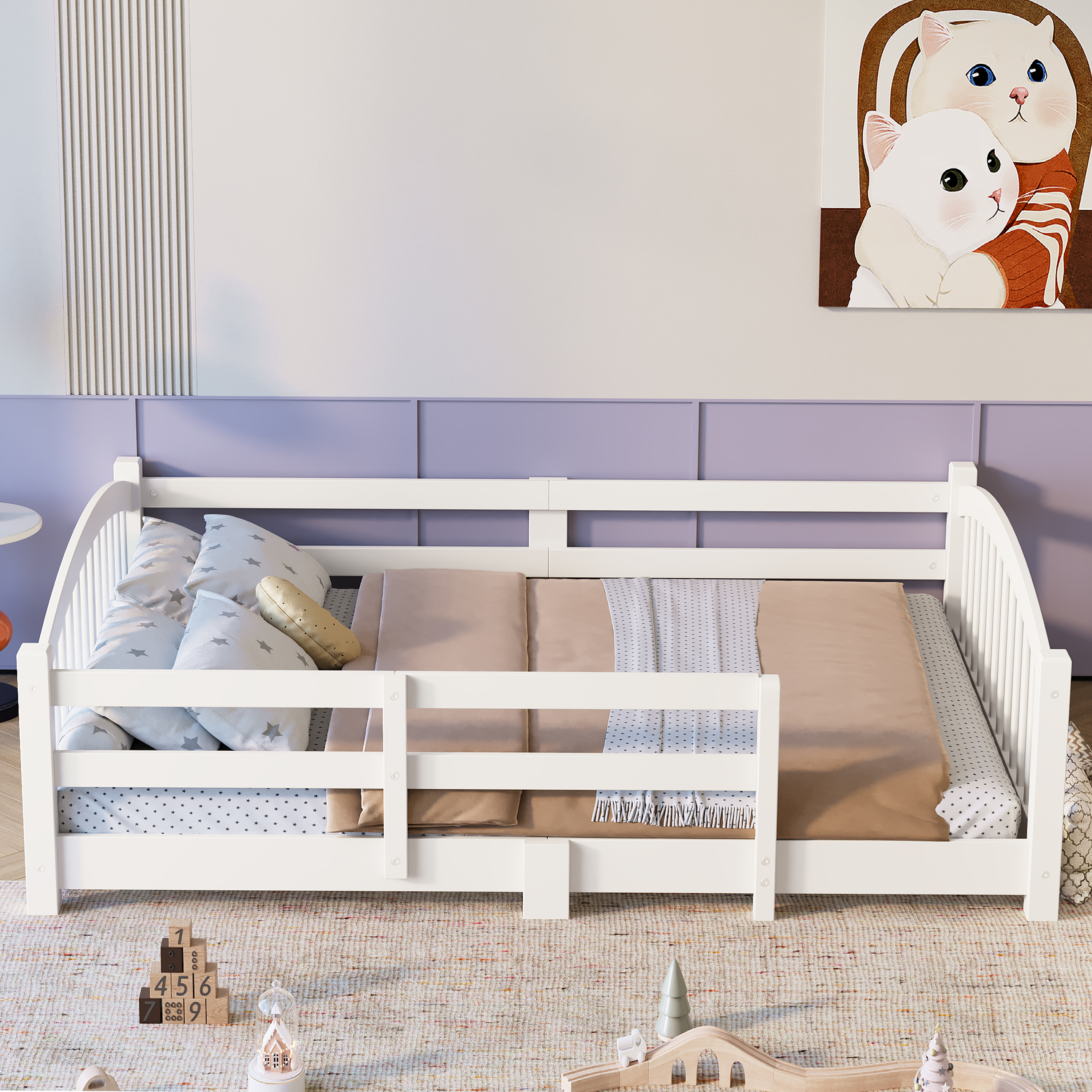 Full Montessori Floor Bed With Slats And Safety Guardrails, Solid Wood Floor Bed With Fence And Without Door, Easy Assemble Montessori Bed For Girls And Boys, White