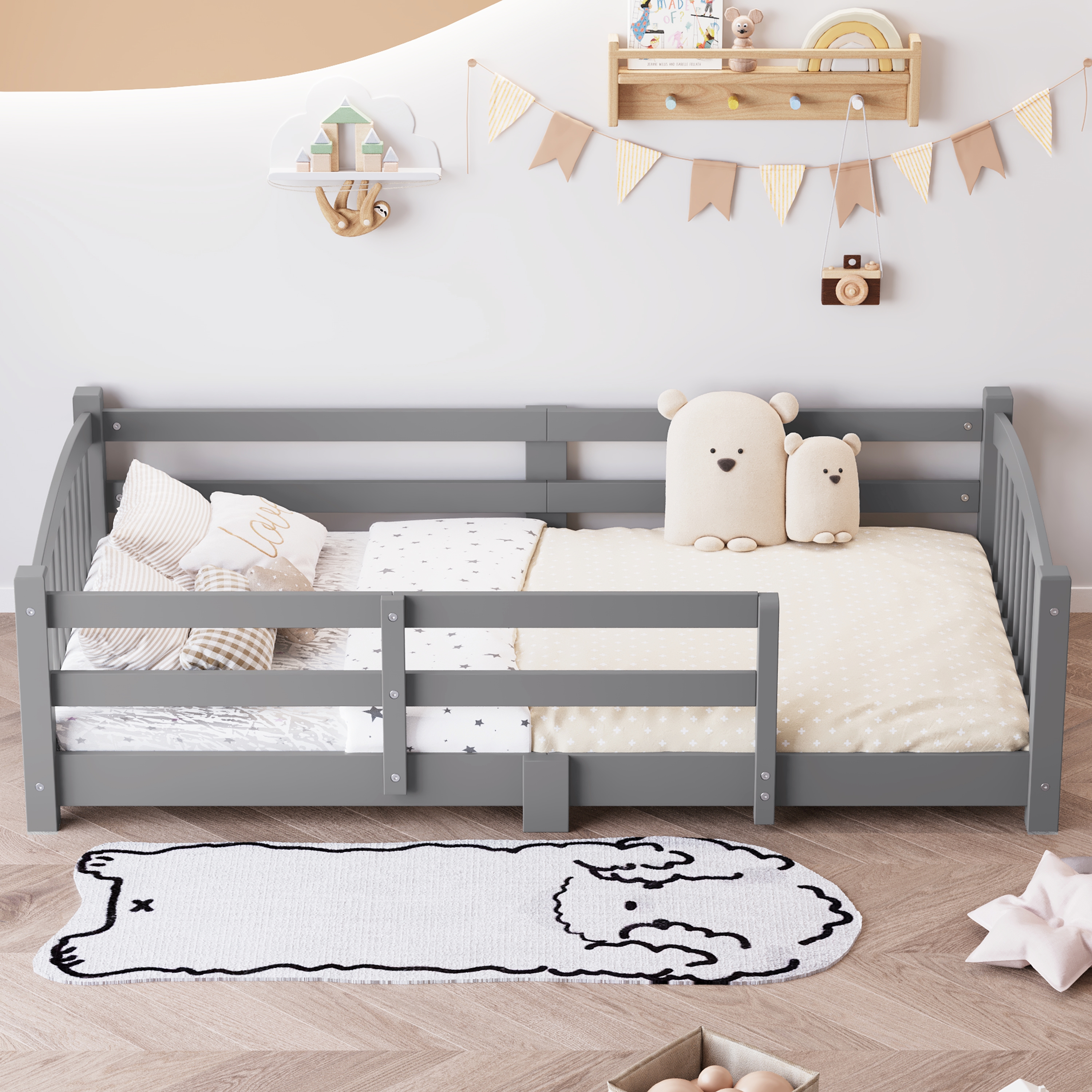 Twin Montessori Floor Bed With Slats And Safety Guardrails, Solid Wood Floor Bed With Fence And Without Door, Easy Assemble Montessori Bed For Girls And Boys, Gray
