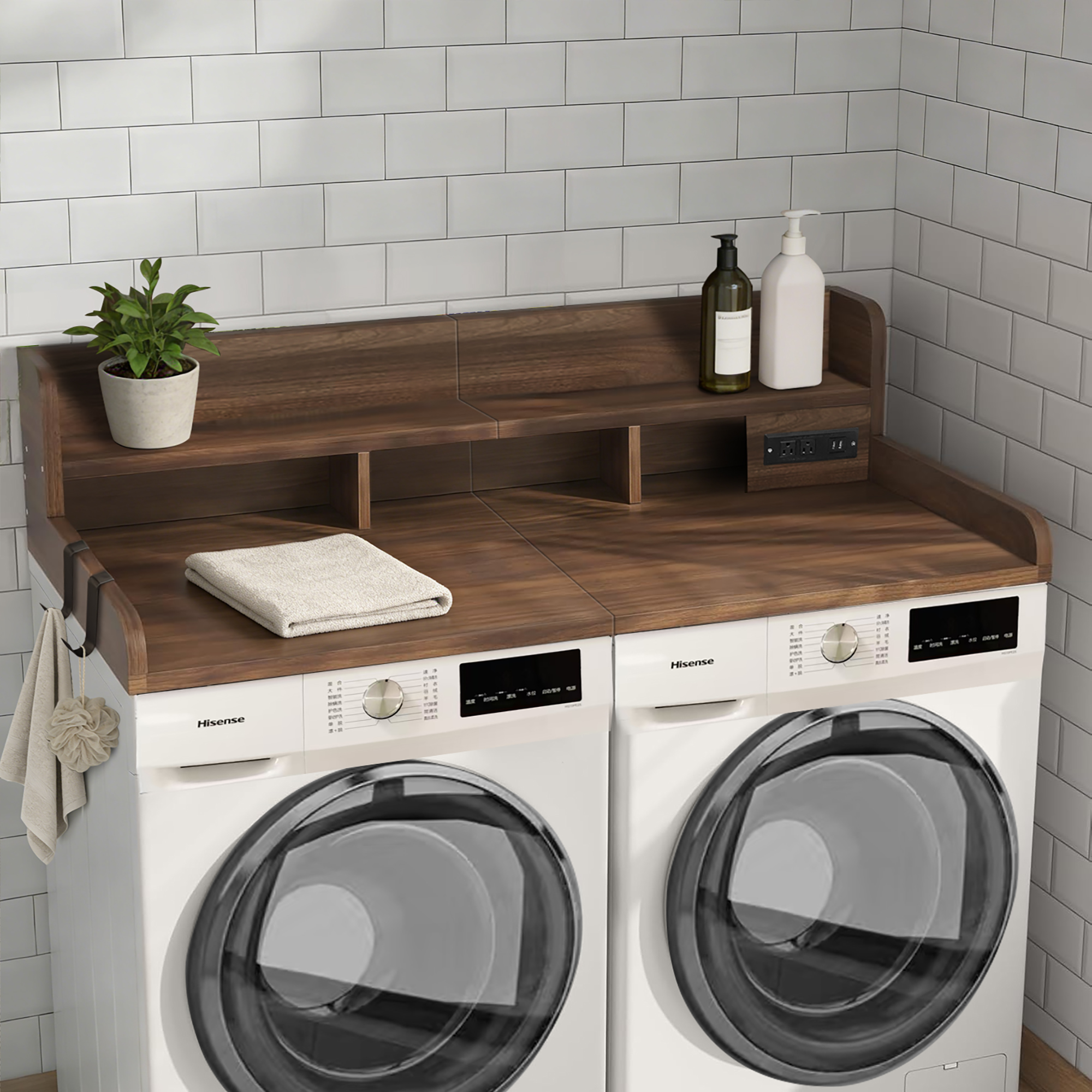 2-Tier Washer And Dryer Countertop With Power Outlet, 54W X 27.5D Large Laundry Countertop For Fold Clothes, Laundry Topper With Non-Slip Pads & Hooks And Storage Basket Walnut Color