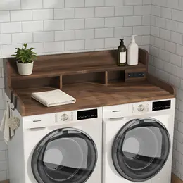 2-Tier Washer And Dryer Countertop With Power Outlet, 54W X 27.5D Large Laundry Countertop For Fold Clothes, Laundry Topper With Non-Slip Pads & Hooks And Storage Basket Walnut Color