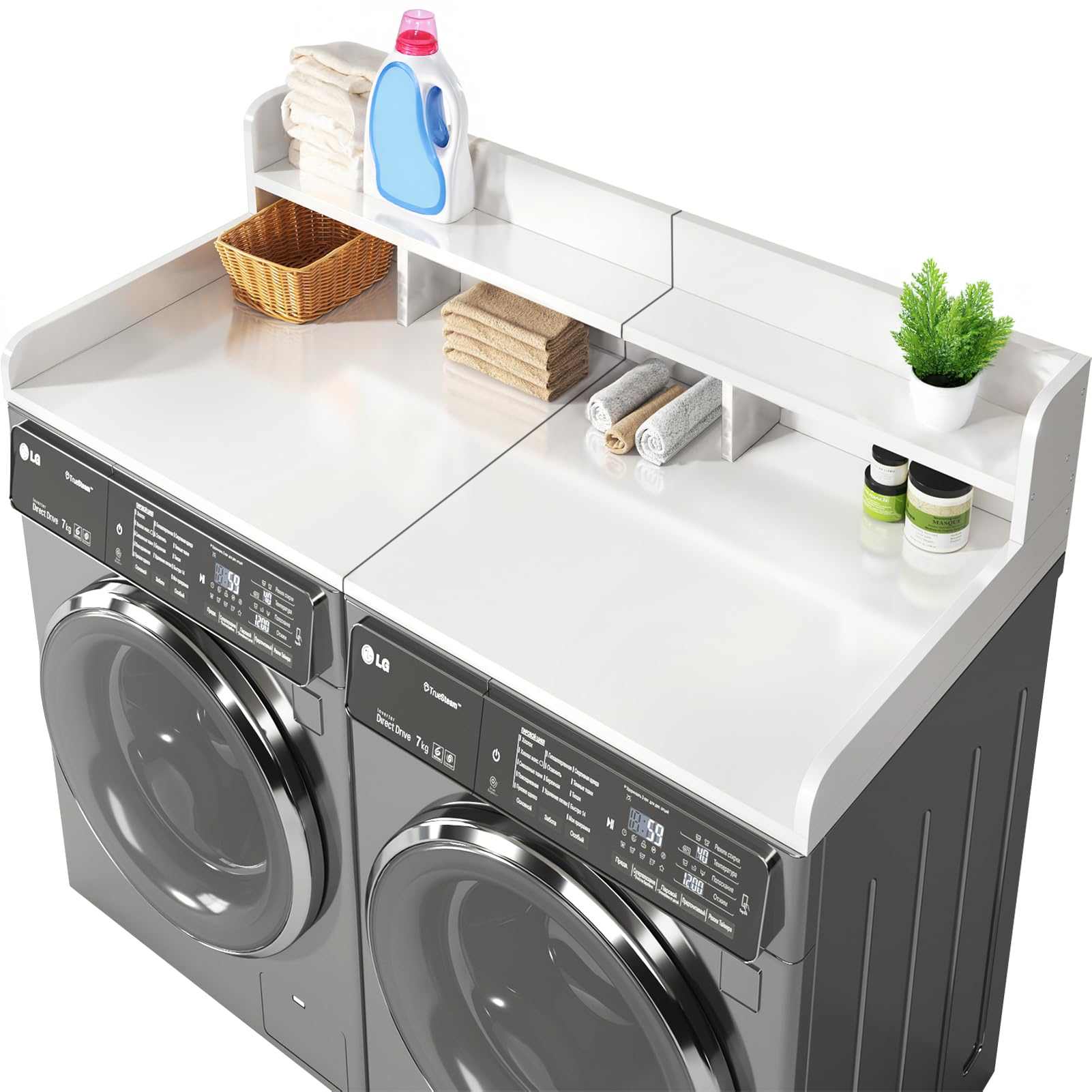 Washer Dryer Countertop With Non-slip Pads Laundry Wood Shelf Topper With Edge, 54Width X 27.5Depth Double Layer Organizer For Washer And Dryer Laundry Hamper Counter Storage Organization WHITE