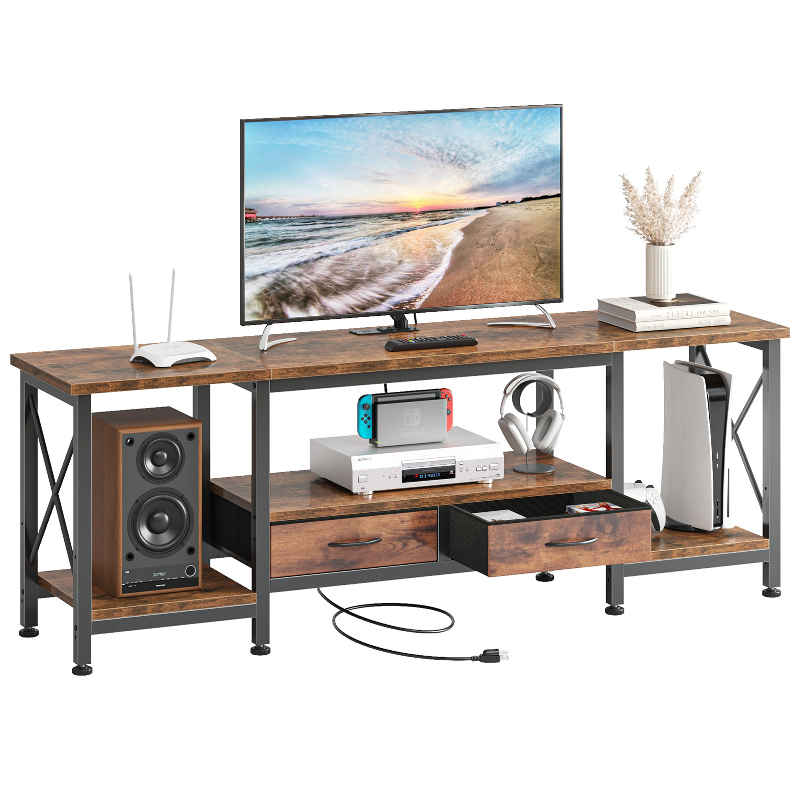 The TV Cabinet Comes With A Power Socket And Is Suitable For TVs With A Screen Size Of 75 Inches Or Less. It Features Fabric Drawers And Open Shelves.