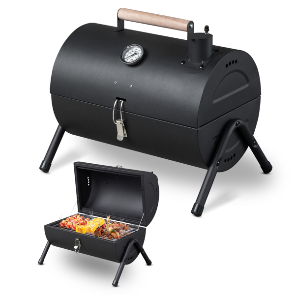 Portable Charcoal Grill With Thermometer & Wooden Handle, Compact Tabletop Barbecue Grill For Outdoor Camping BBQ Grilling  Party Cooking
