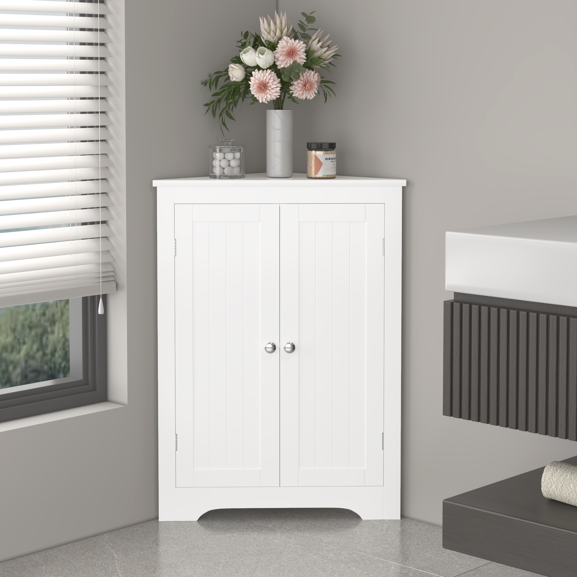 Floor Corner Cabinet With 2 Doors And Adjustable Shelves, Freestanding Narrow Cabinet Organizer, Corner Storage Cabinets For Bathroom, Kitchen, Living Room, Or Bedroom, White