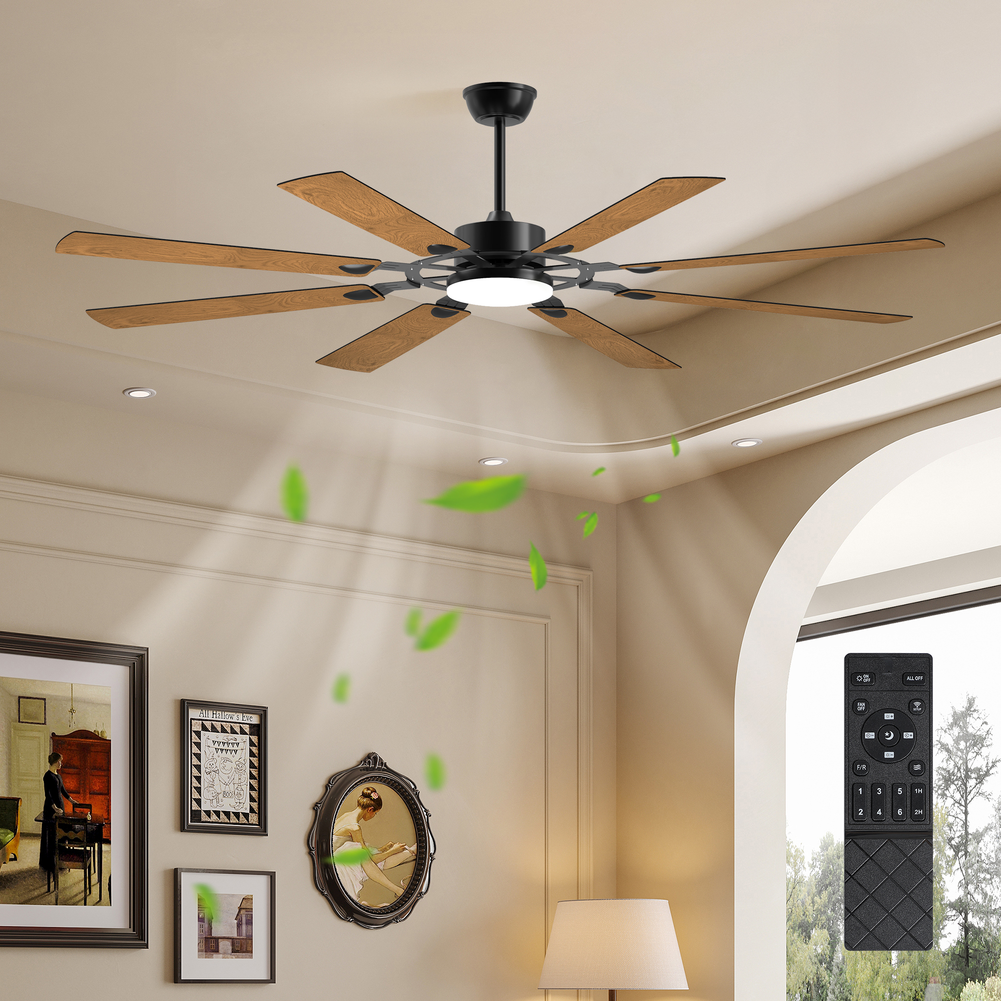 72-Inch 8-Blade Large Ceiling Fan,Reversible Quiet DC Motor,Indoor Outdoor Modern Ceiling Fan,Suitable For Kitchen,Living Room And Terrace,Black.