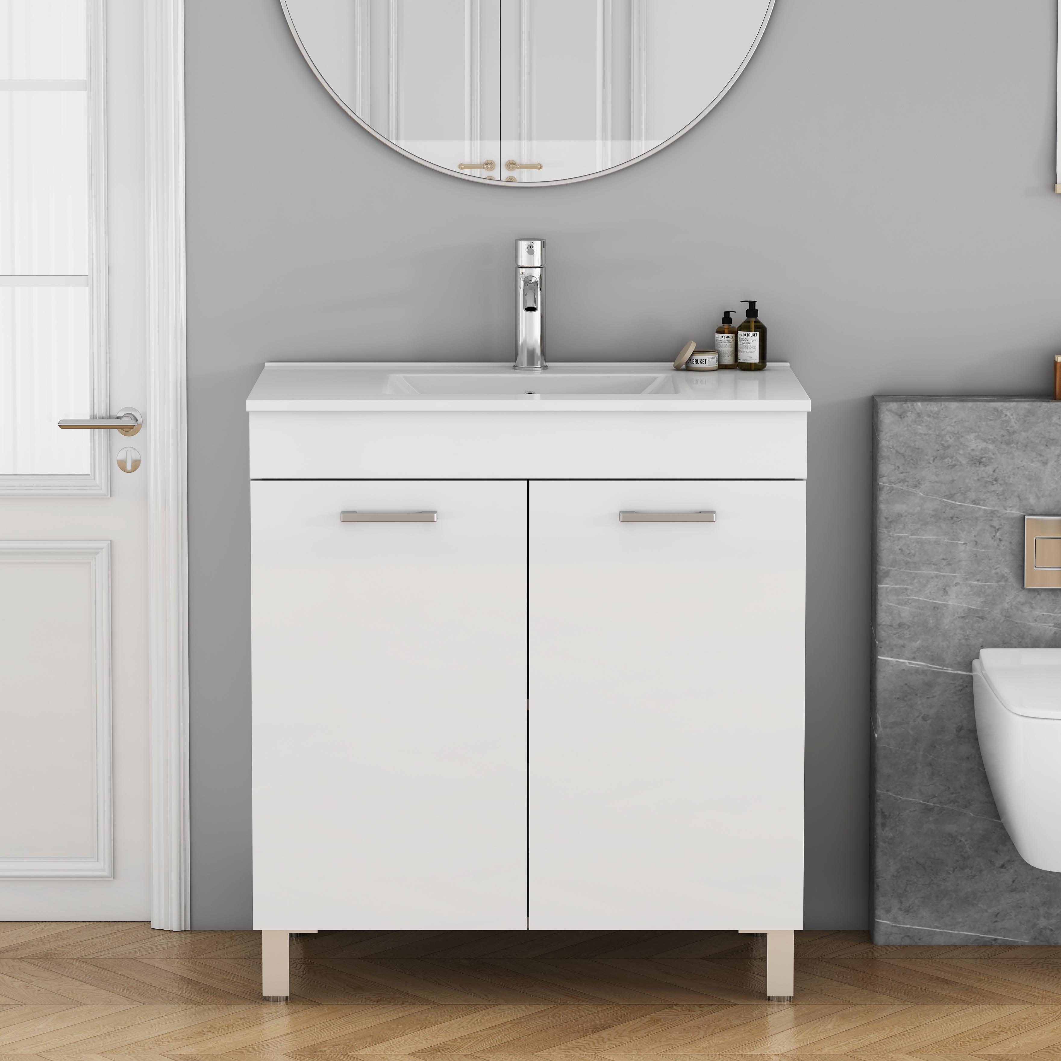 32-Inch Floor-Mounted Bathroom Vanity With Sink Combo,Double Doors With Soft Close Hinges,Bathroom Cabinet With Adjust Shelf,Metal Handle ,Ceramic Basin,Adjustable Silver Feet,Glossy White