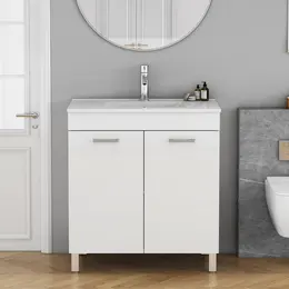 32-Inch Floor-Mounted Bathroom Vanity, Soft-Close Double Doors, Ceramic Basin, Adjustable Shelf, White
