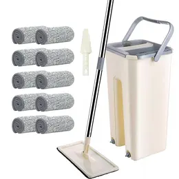Mop Bucket Wet Dry Rinse Wash 360 Rotating Squeeze Flat Floor Cleaner With Pads