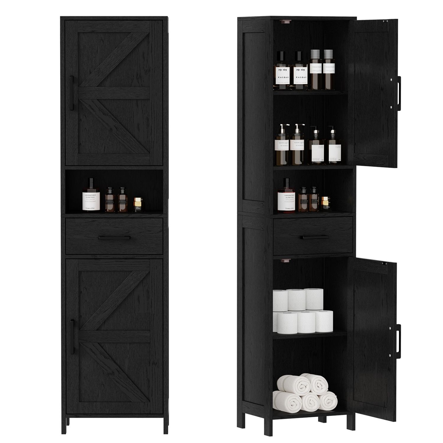 Tall Narrow Storage Cabinet, 2 Barn Doors With Drawer, Adjustable Shelves, Floor Cabinet For Bathroom, Living Room, Entryway, Kitchen