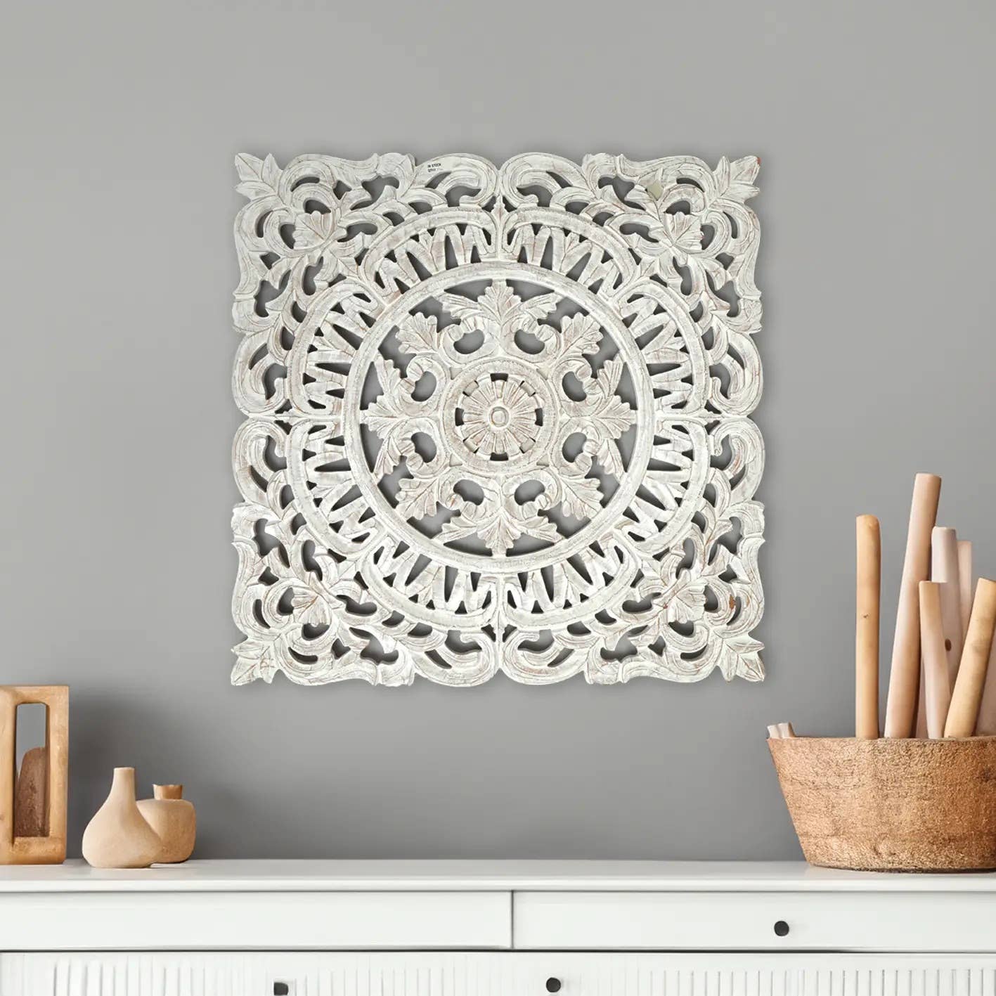 White Square Shape Handcrafted Wooden Wall Decor -36 X36  Elegant Home Accent