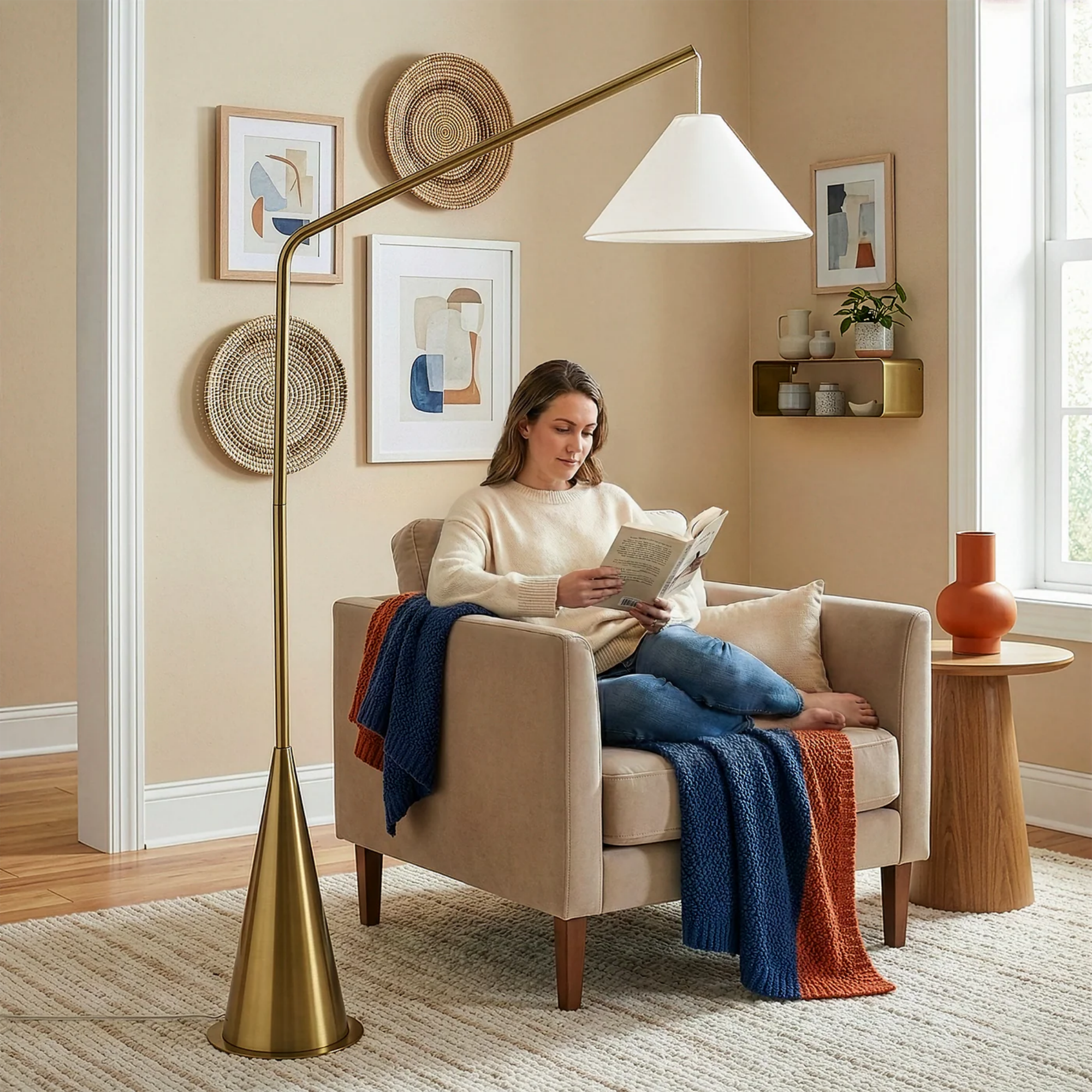Lisbon Black Floor Lamp With On Off  Coned Base Hanging White Fabric Shade