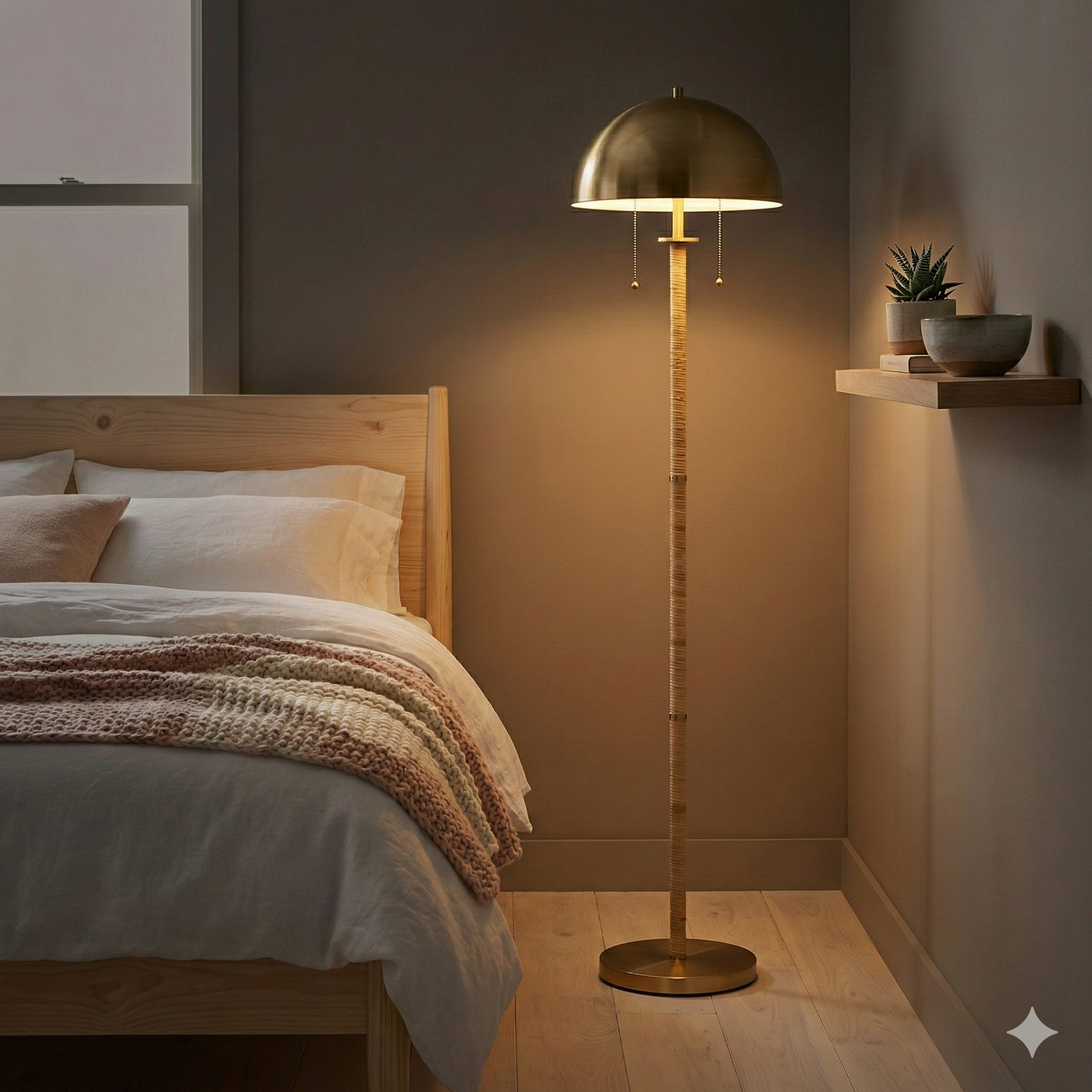 Allure 2-Light Floor Lamp, Gold Brass, Natural Rattan Details , Double On Off Pull Chain