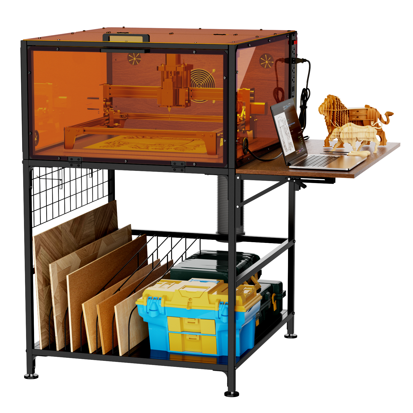 Laser Engraver Enclosure Cabinet With Exhaust Fan 6000RPM For Most Laser Cutter, Storage & Foldable Side Panel, Metal Laser Engraver Cover Tent With Eye Protection