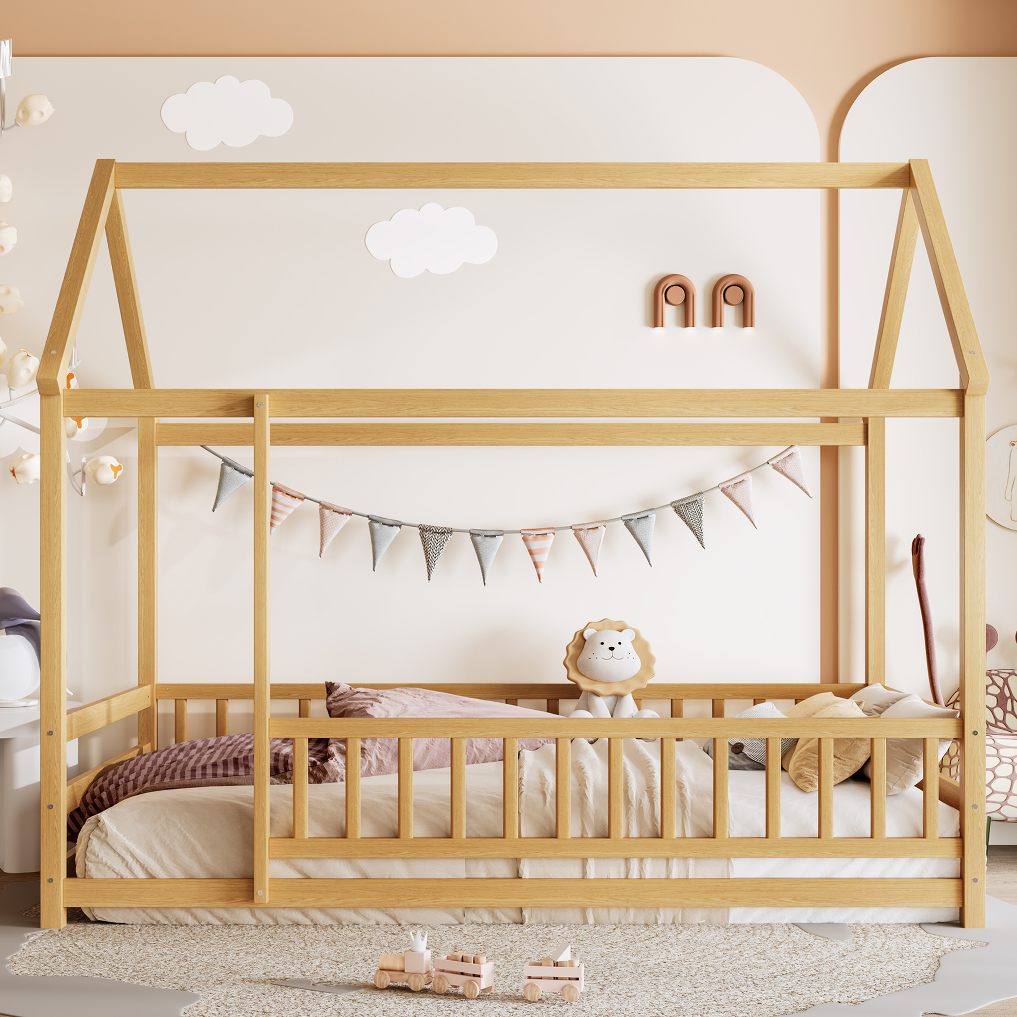 Twin Size Floor Wooden Bed With House Roof Frame, Fence Guardrails,Natural