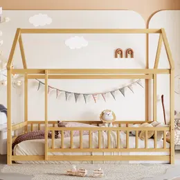 Twin Size Floor Wooden Bed With House Roof Frame, Fence Guardrails,Natural