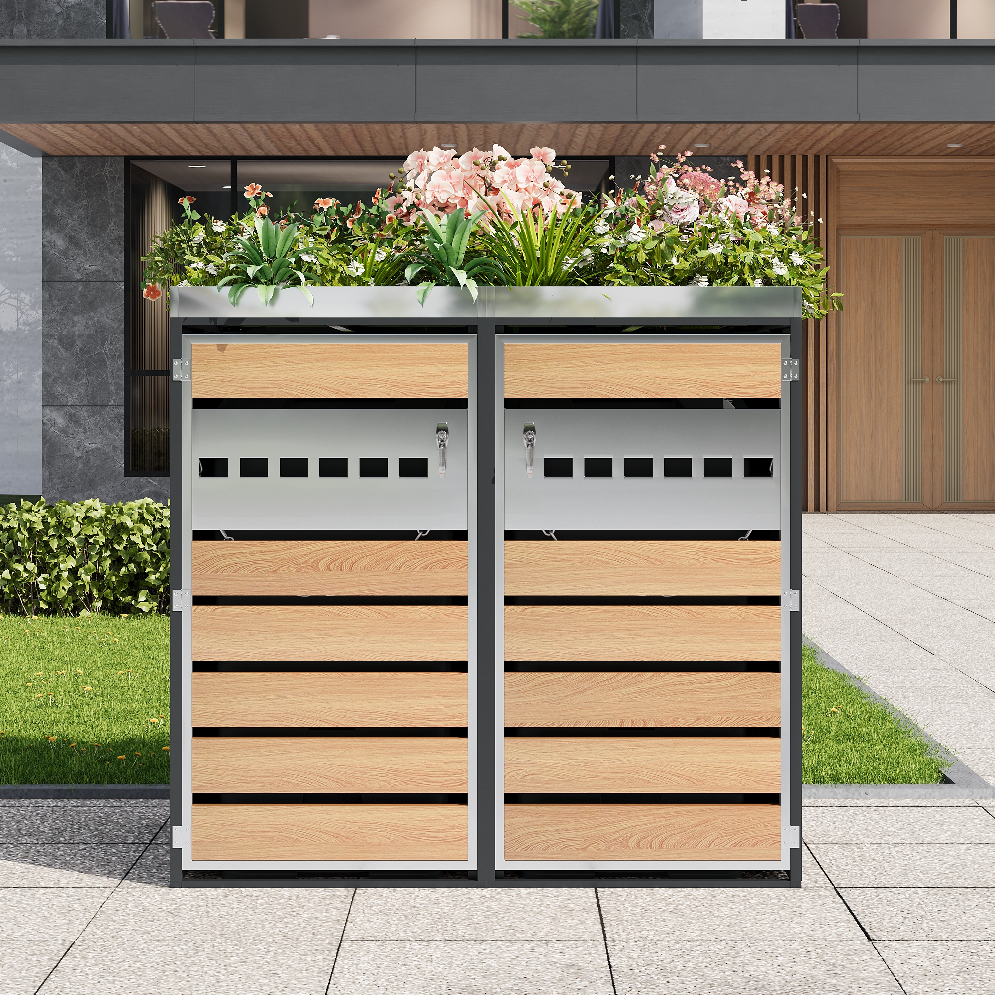 Garbage Can Box, Trash Storage Compartments,lockable, Two Doors,planting Area,with Ventilation
