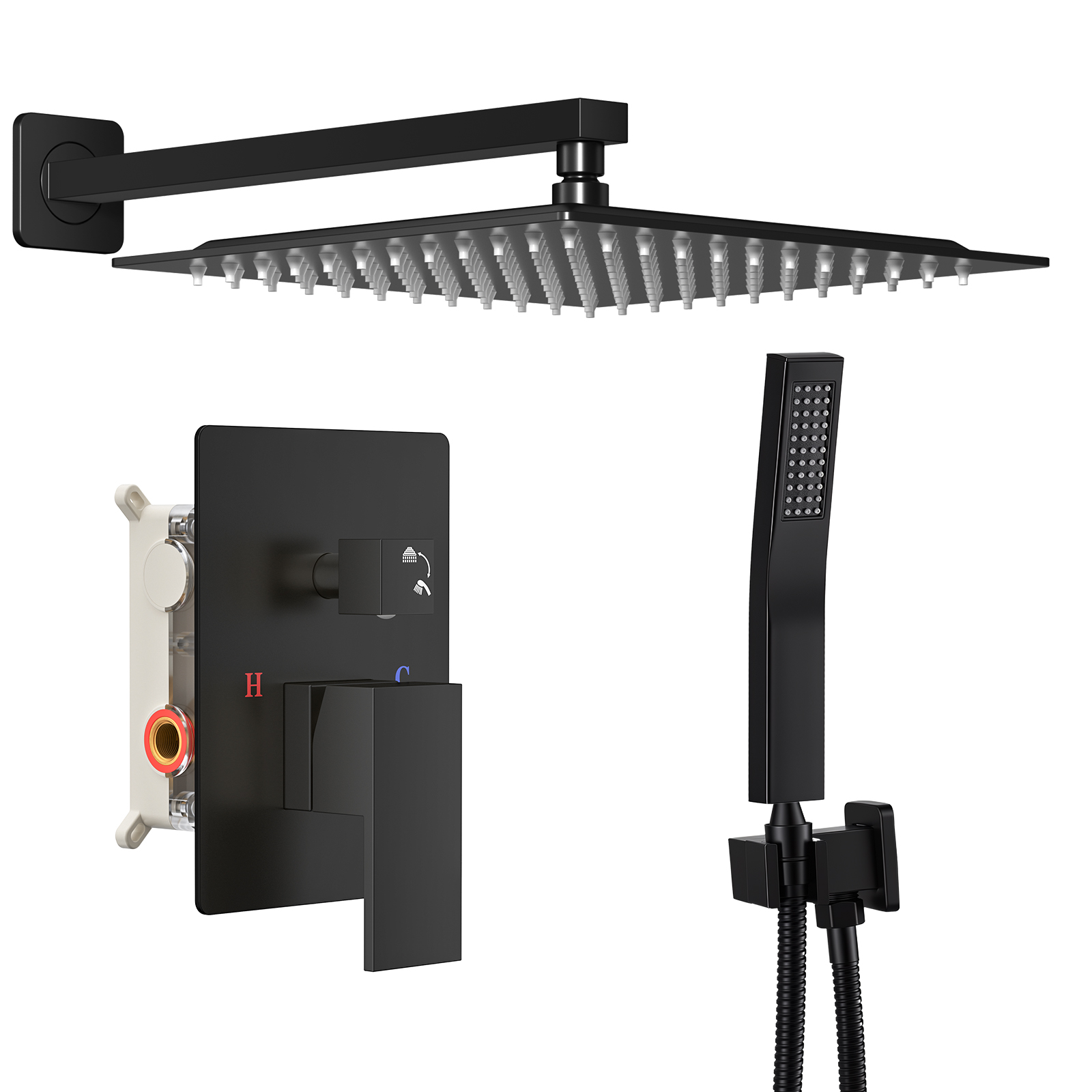 Wall-mounted Shower Faucet Set - 10-inch Square Overhead Spray - Handheld Shower Head With Pressure Balance And Temperature Control Valve