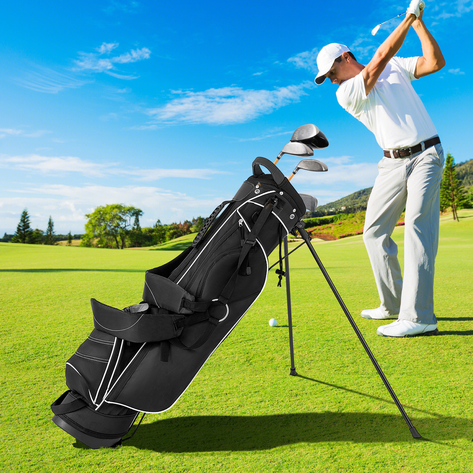 Golf Stand Cart Bag With 4 Way Divider Carry Organizer Pockets-Black