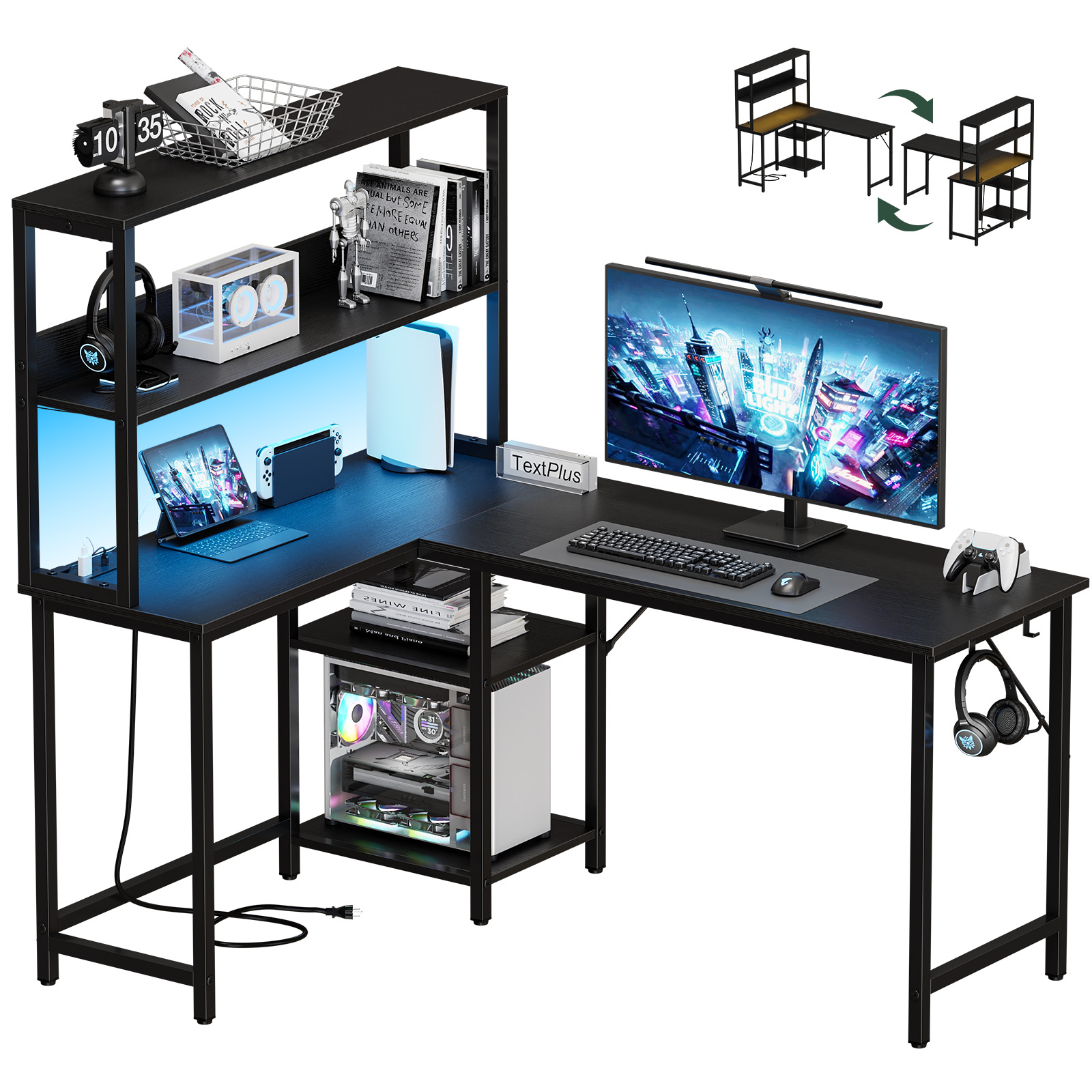 L-shaped Gaming Table, Flip-up Computer Desk With Power Socket And LED Lights, Equipped With Storage Shelves And Hooks