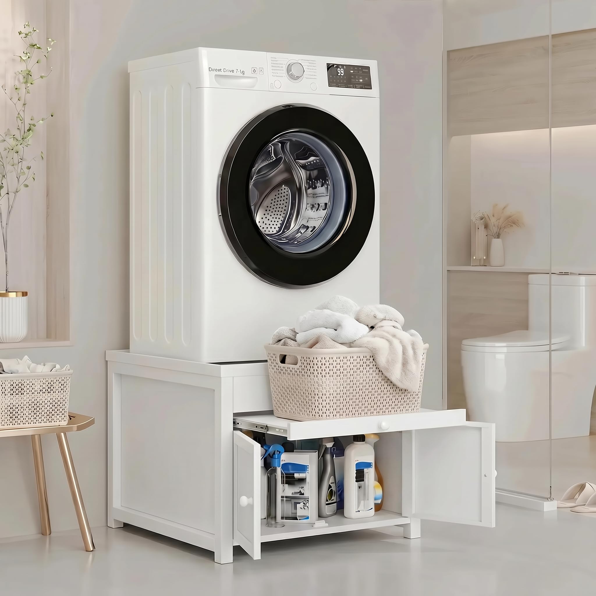 Washer And Dryer Pedestals Stand With Pull-out Shelf, 29icnh W Universal Fit Metal Laundry Pedestal With Drainage And Enclosed Storage, Heavy Duty, Anti-Vibration, 770 LBS Capacity, 23inch H, White