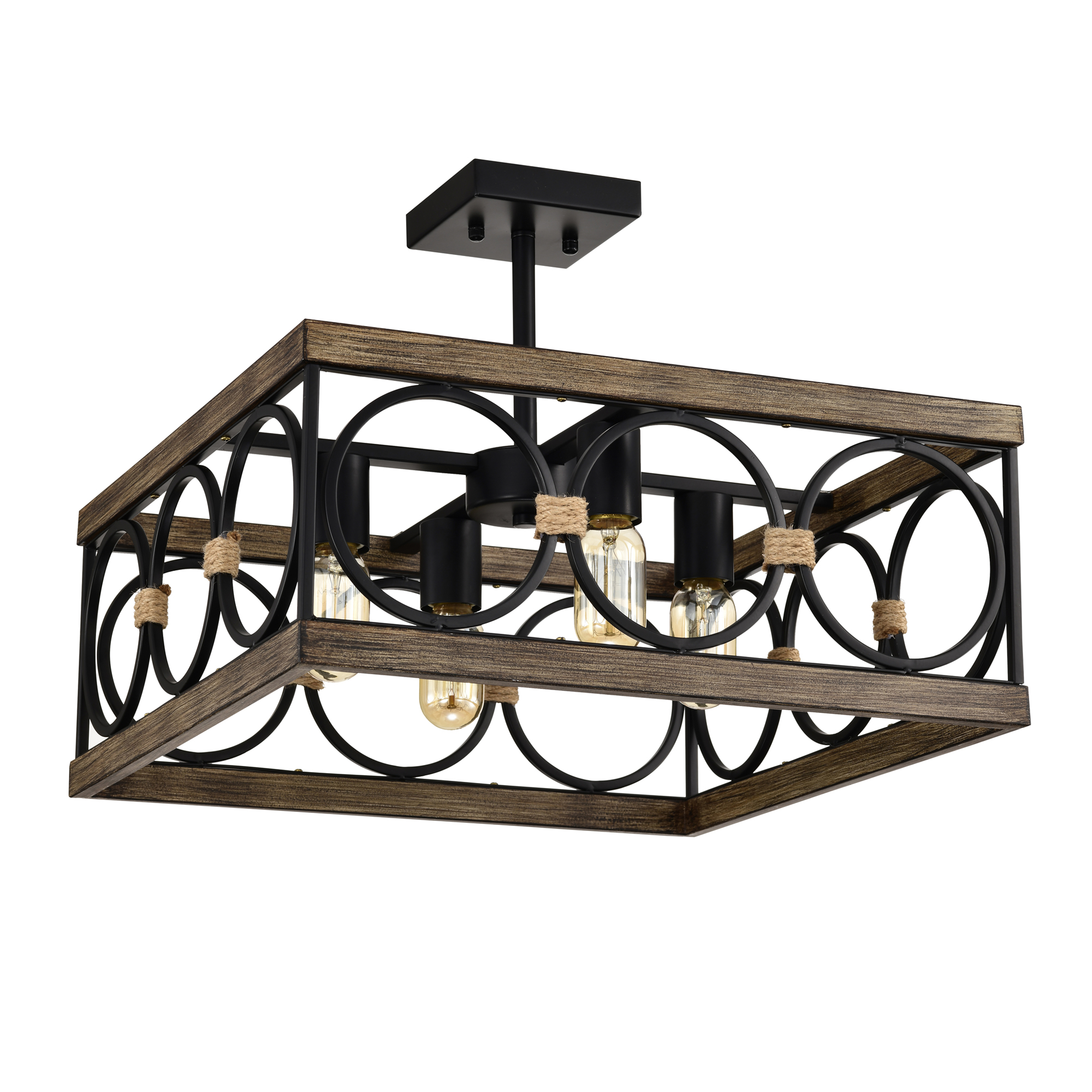 4-Light Square Kitchen Island Lights Ceiling Light Farmhouse Dining Room Light Fixture, Wood And Black Metal Rectangular Ceiling Light, Ceiling Lighting For Living Room,Conference Room, Home Office