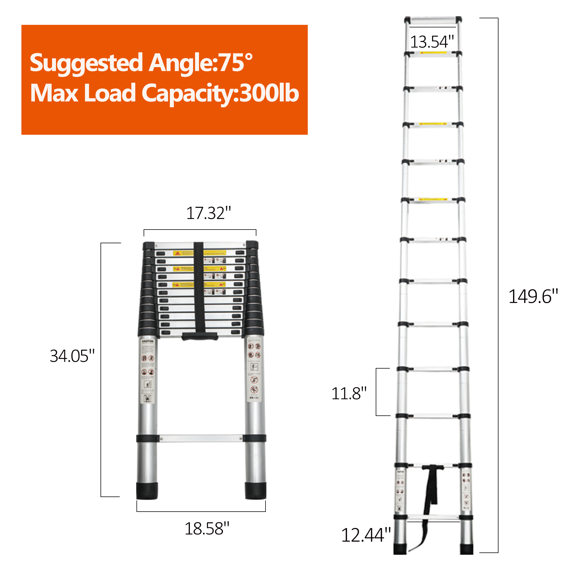 Telescoping Ladder 12.5FT, Telescopic Extension Ladder, Aluminum Alloy Folding Ladder Portable Multi-Purpose For Indoor Outdoor Work, Heavy Duty 300 Lbs Load