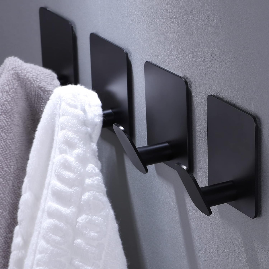 26lb Heavy Duty Adhesive Towel Hooks No-Damage 4 Pack Matte Black Stainless Steel Strong Adhesion