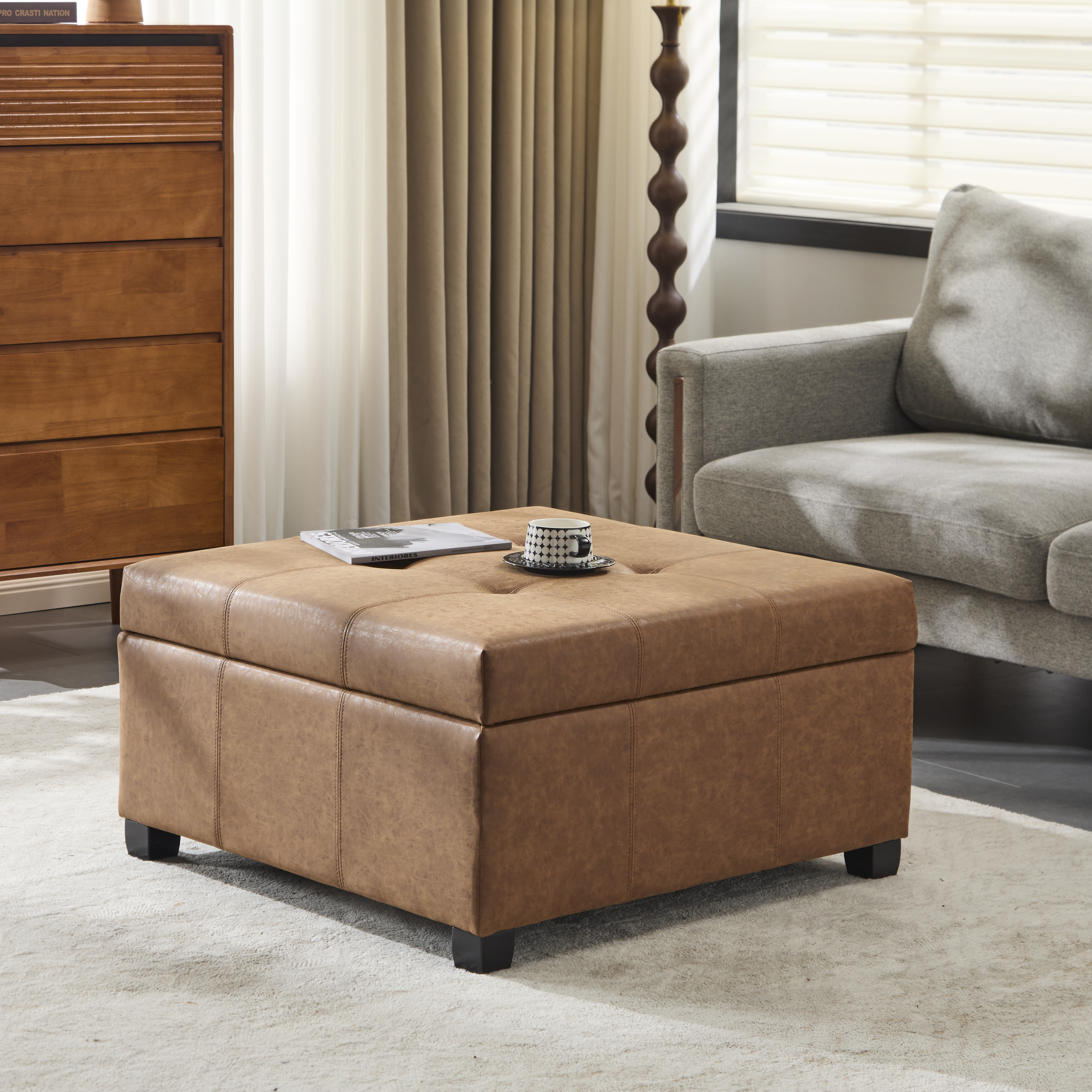 35" Square Brown Faux Leather Storage Ottoman - Lift-Top Footrest Stool for Living Room, Bedroom & Office - Upholstered Bench with Hidden Storage