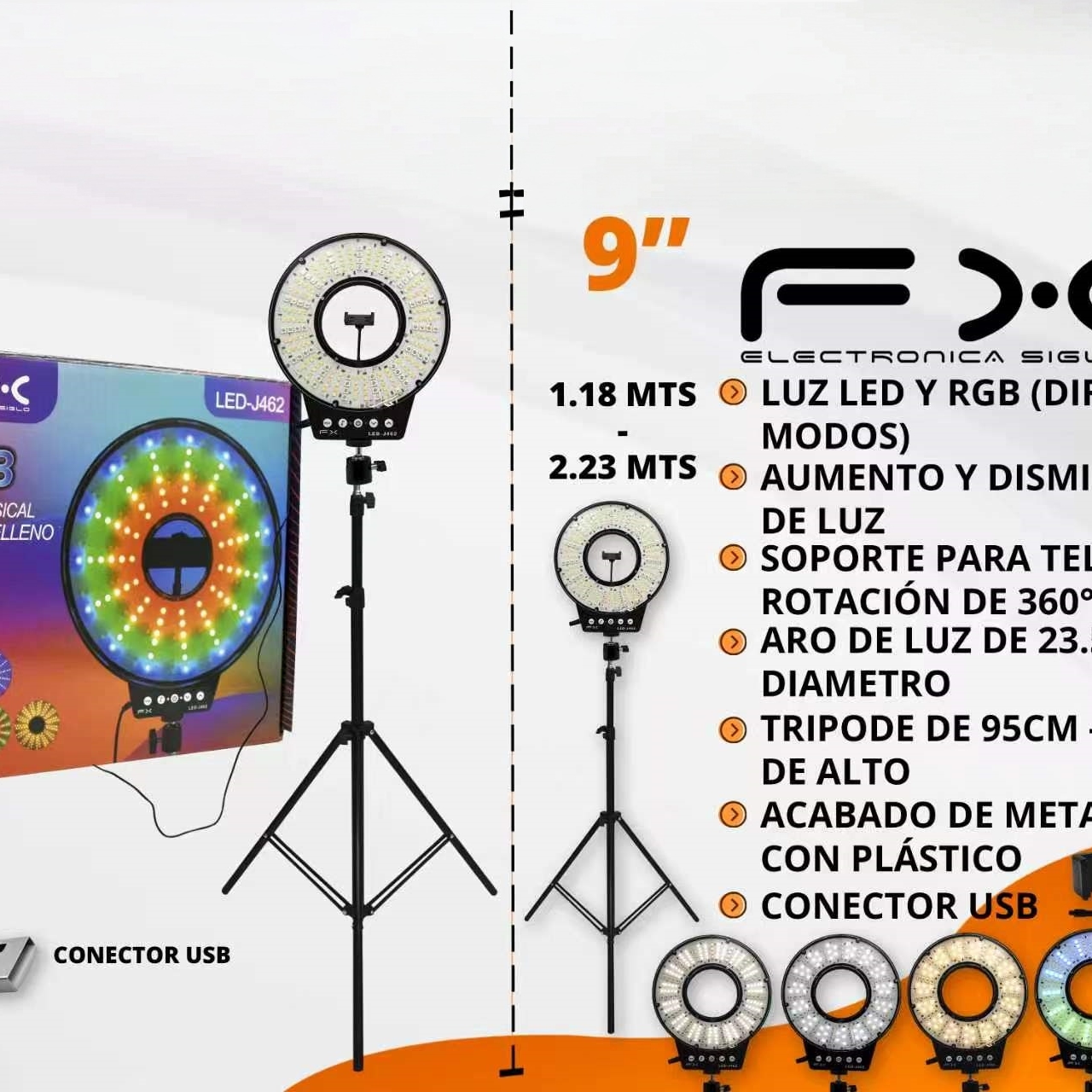 Main product image of 23.5cm LED RGB Ring Light with 2m Tripod Stand, Phone Holder, USB